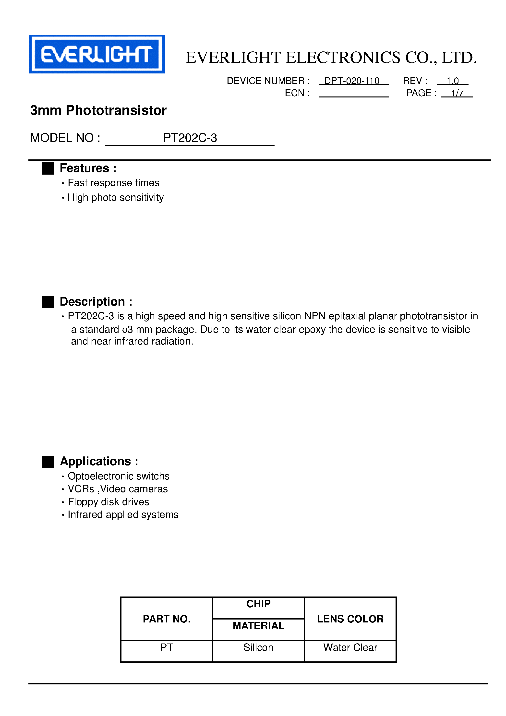 Datasheet PT202C-3 - 3mm Phototransistor page 1