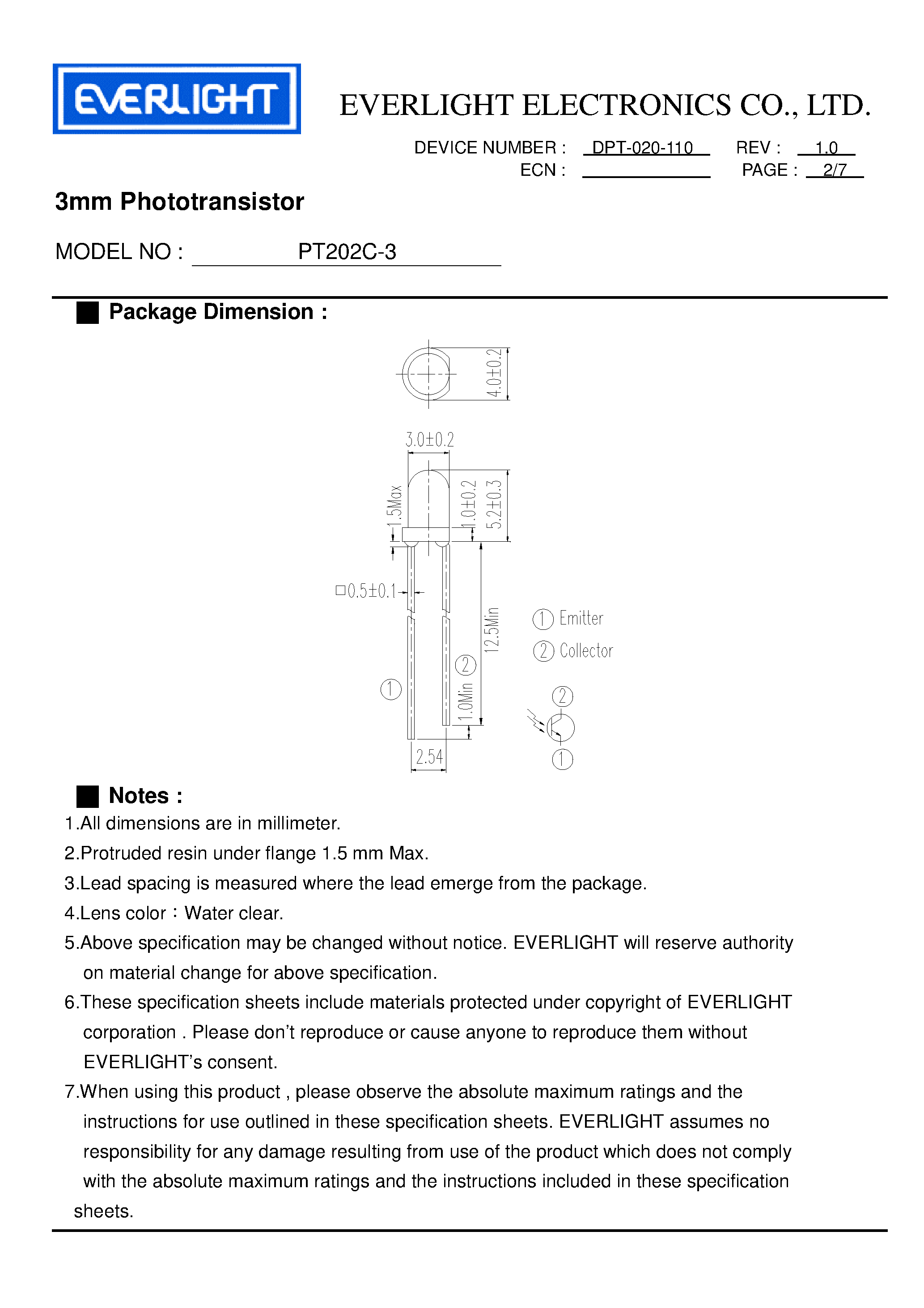 Datasheet PT202C-3 - 3mm Phototransistor page 2