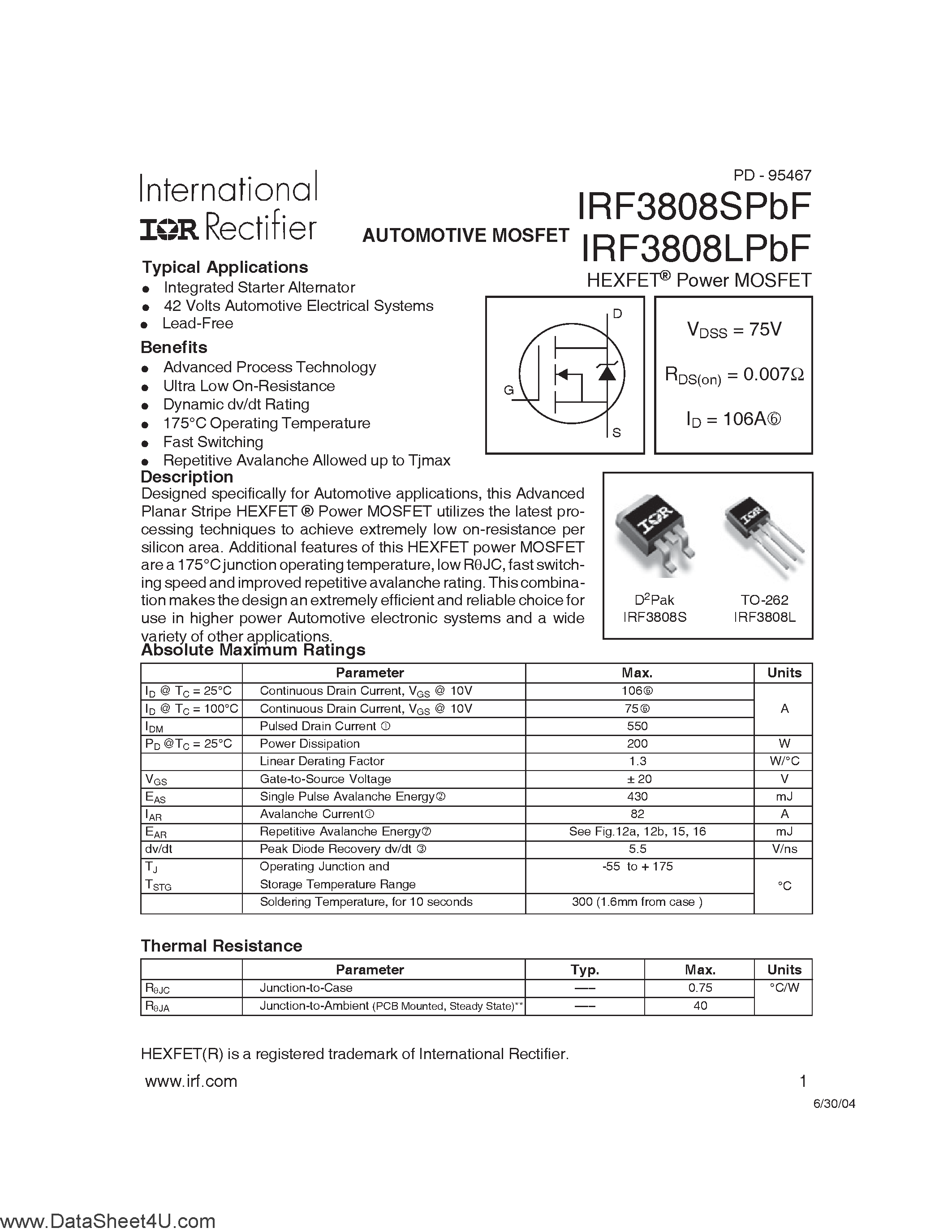 Datasheet IRF3808LPBF - (IRF3808SPBF / IRF3808LPBF) AUTOMOTIVE MOSFET page 1