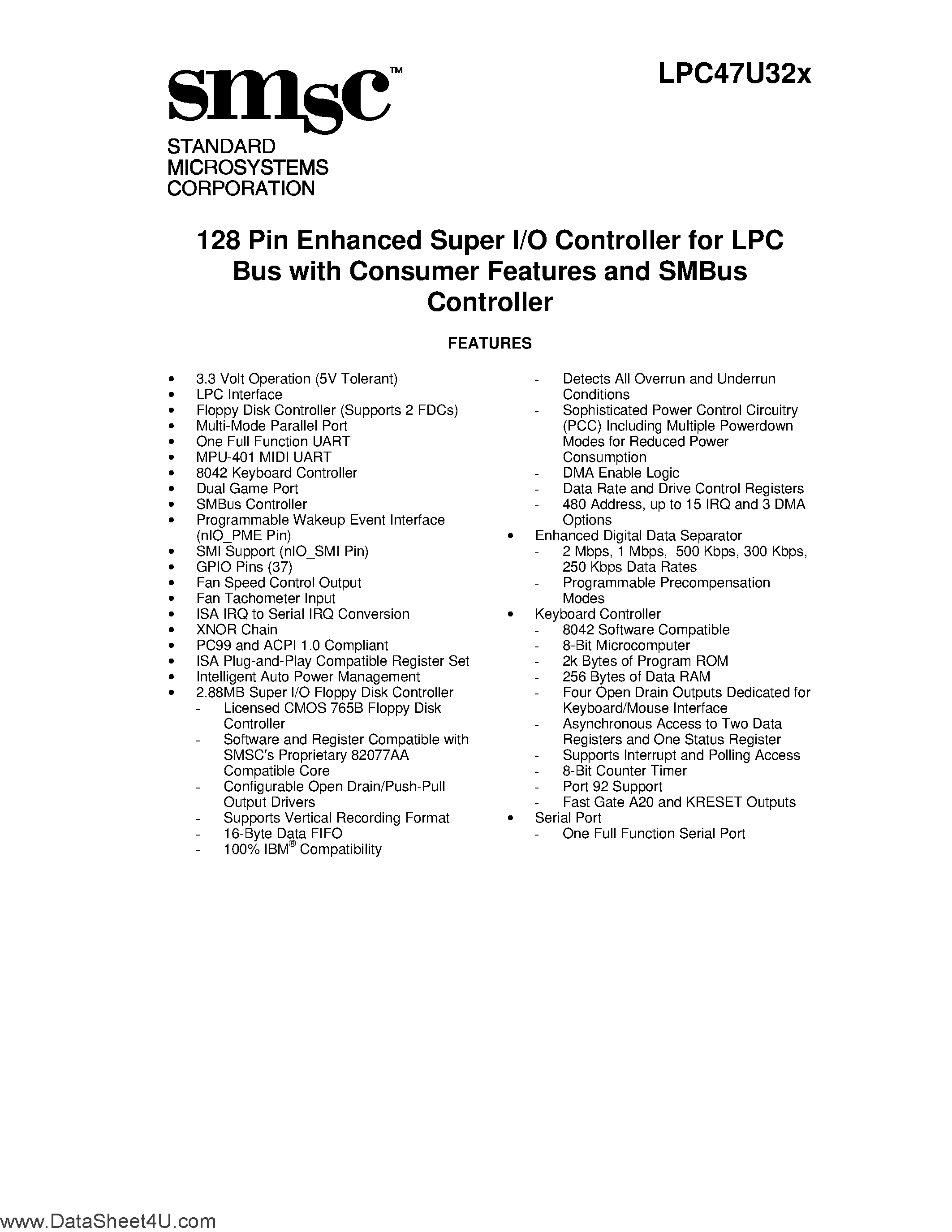 Datasheet LPC47U32X - 128 Pin Enhanced Super I/O for LPC Bus with Consumer Features and SMBus Controller page 1
