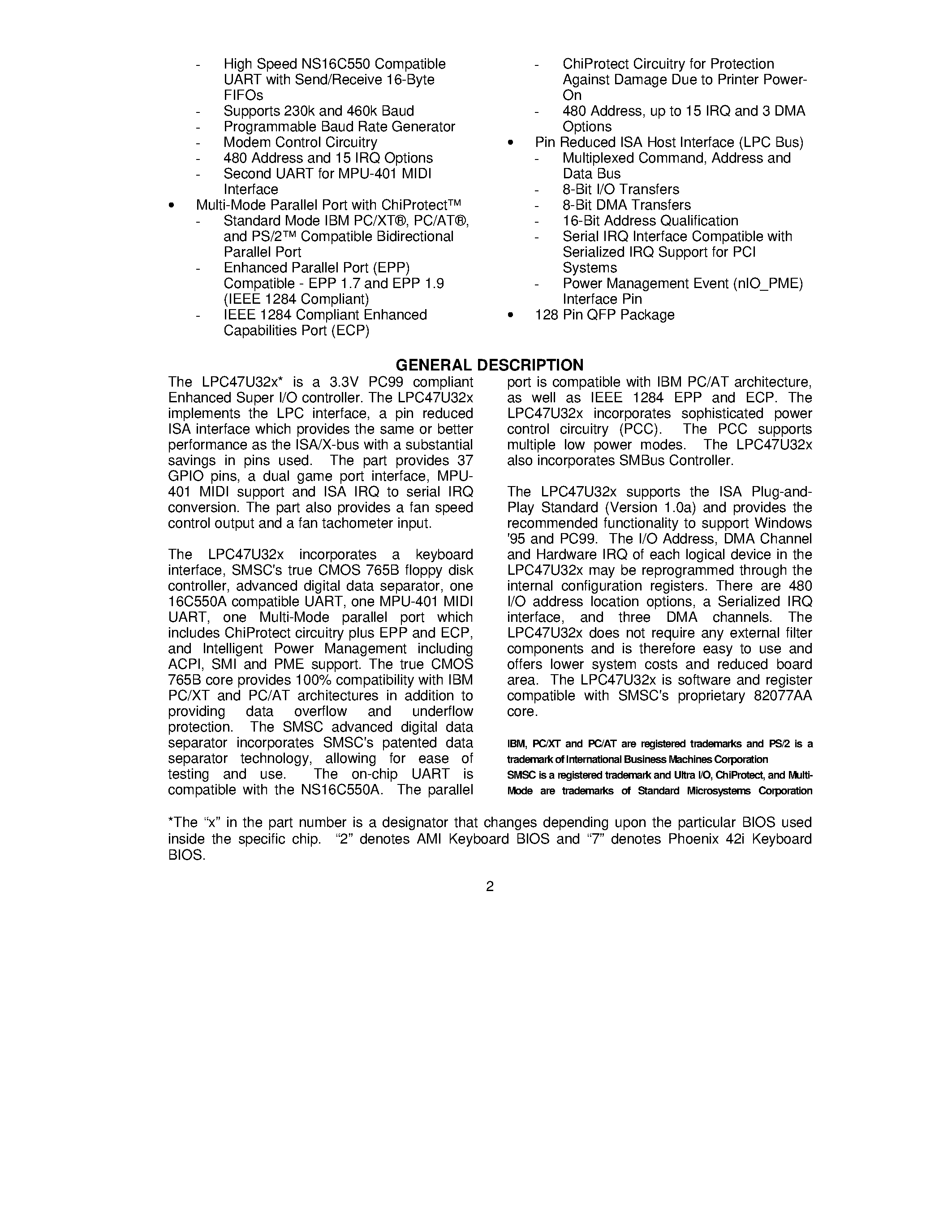 Datasheet LPC47U32X - 128 Pin Enhanced Super I/O for LPC Bus with Consumer Features and SMBus Controller page 2