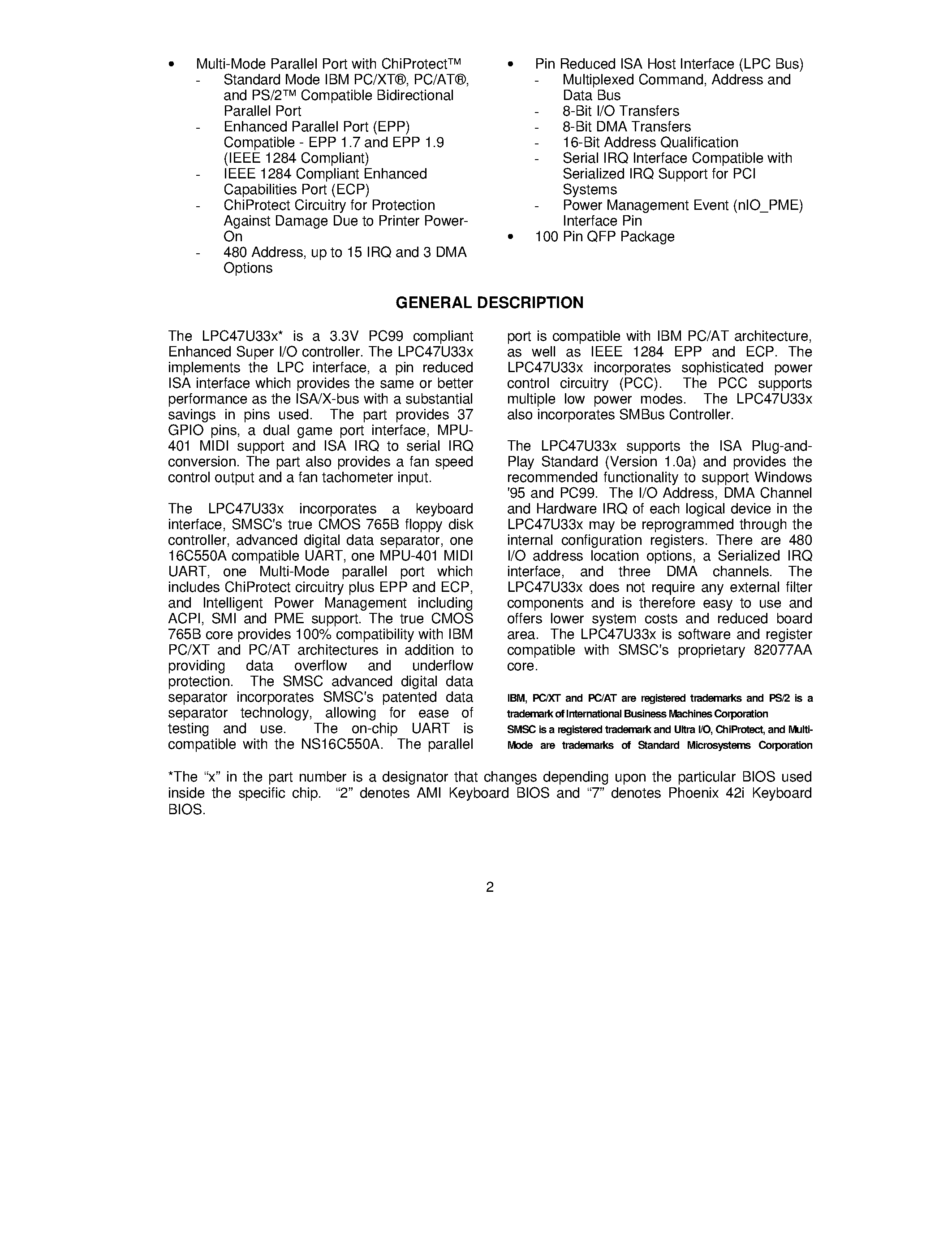 Datasheet LPC47U33X page 2 Datasheet LPC47U33X - 100 Pin Enhanced Super I/O for LPC Bus with Consumer Features and SMBus Controller page 2