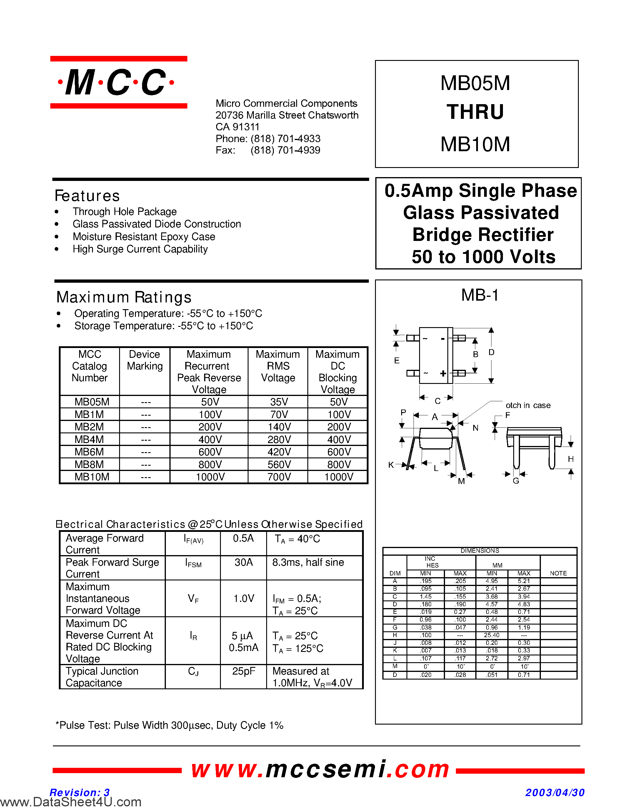 Datasheet MB8M - (MB05M - MB10M) 0.5Amp Single Phase Glass Passivated Bridge Rectifier 50 to 1000 Volts page 1