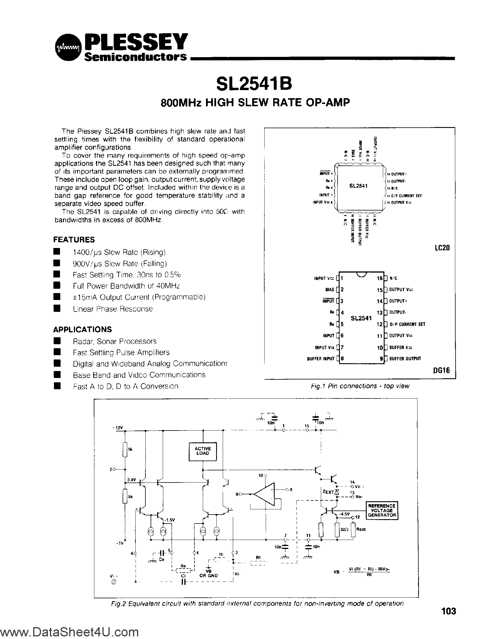 Datasheet SL2541B page 1 Datasheet SL2541B - 800Mhz High Slew Rate Op-Amp page 1