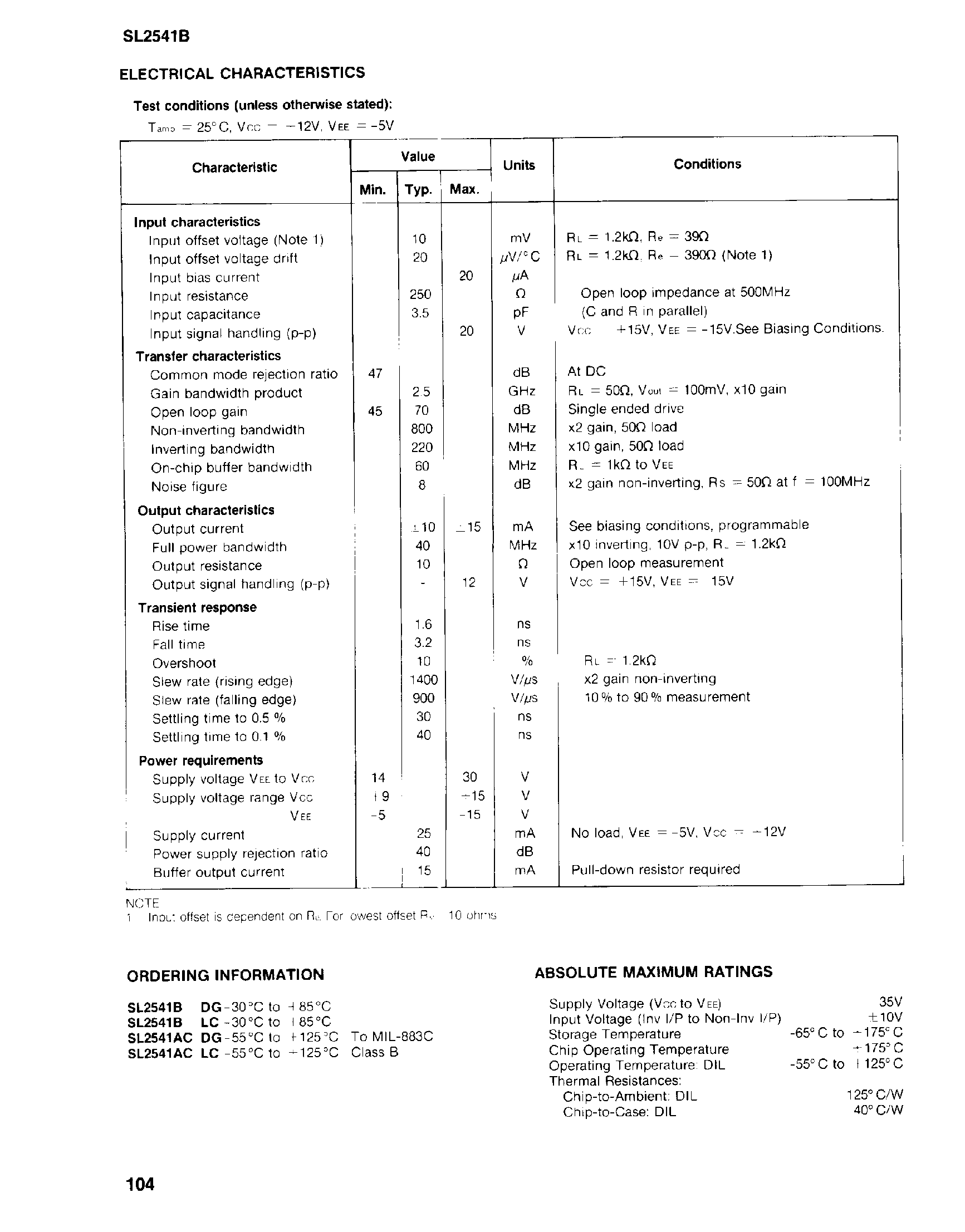 Datasheet SL2541B page 2 Datasheet SL2541B - 800Mhz High Slew Rate Op-Amp page 2
