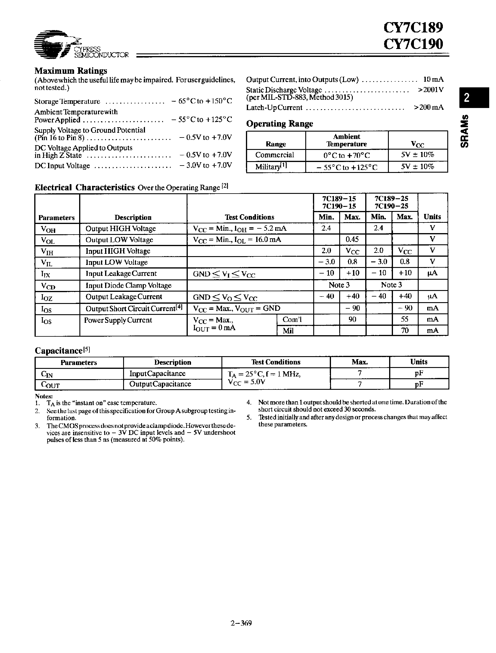 Даташит на микросхему CY7C189 страница 2 Даташит CY7C189 - (CY7C190 / CY7C189) 16 x 4 Static R/W RAM страница 2