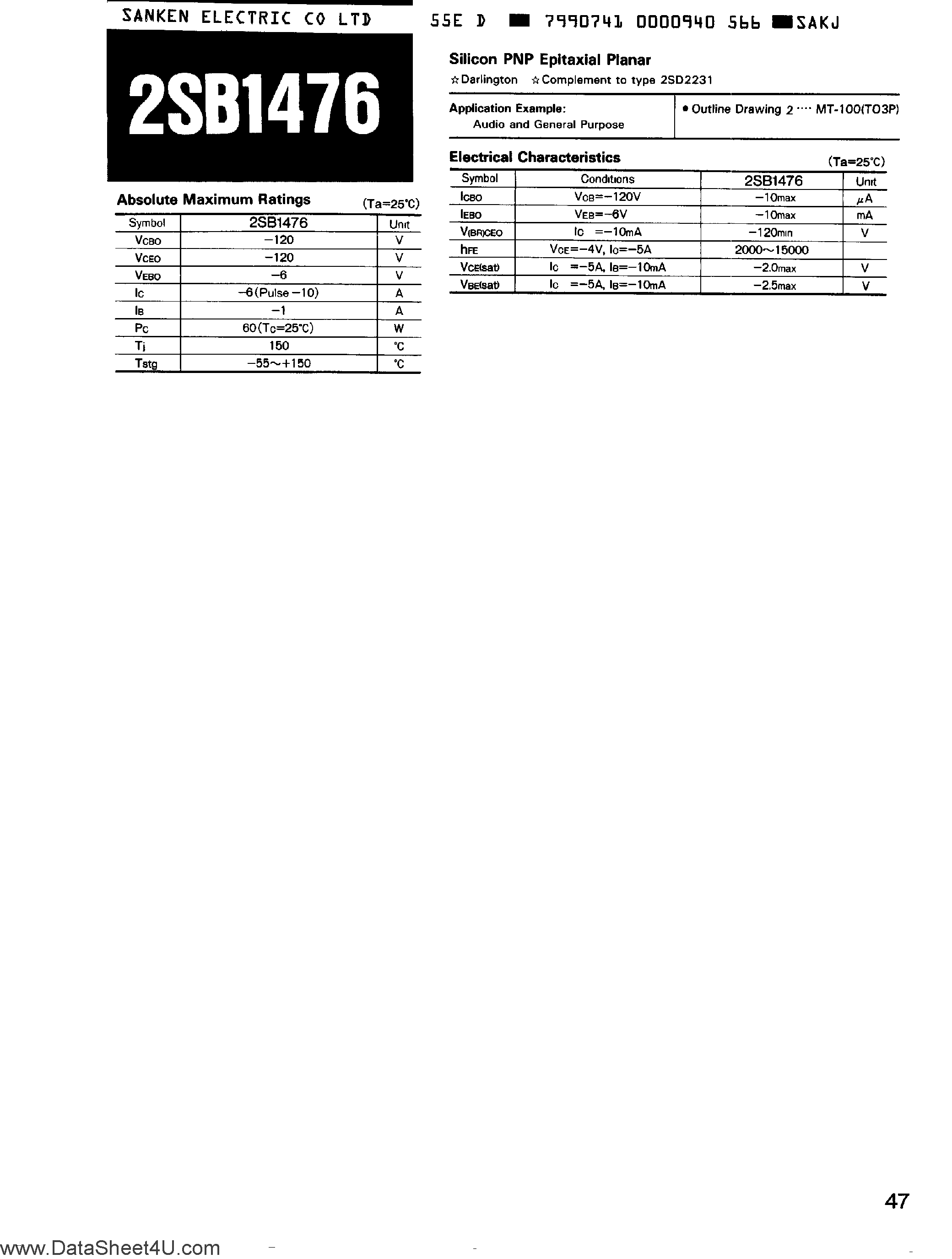 Datasheet 2SB1476 page 1 Datasheet 2SB1476 - PNP Transistor page 1