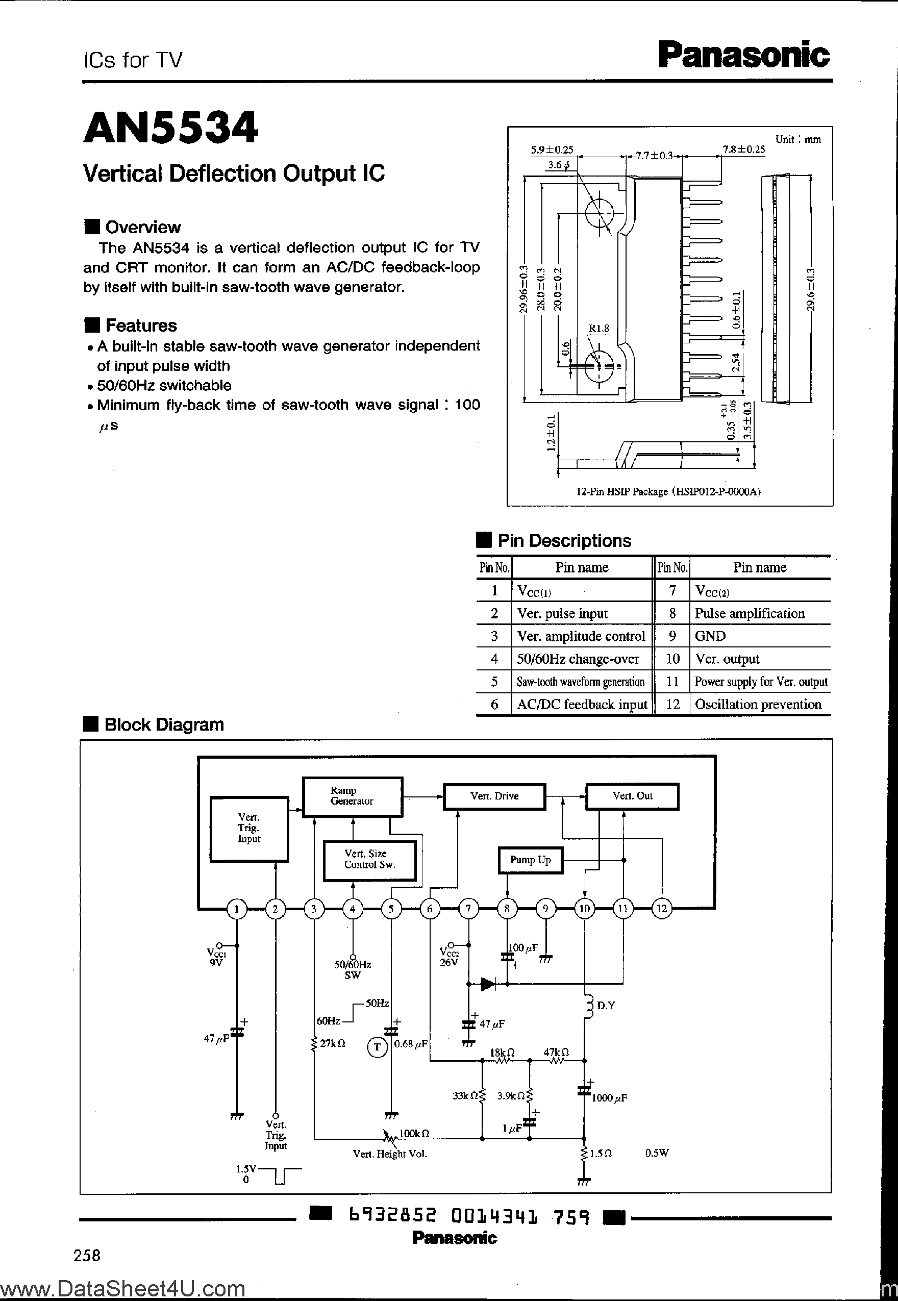 Даташит на микросхему AN5534 страница 1 Даташит AN5534 - Vertical deflection output IC страница 1