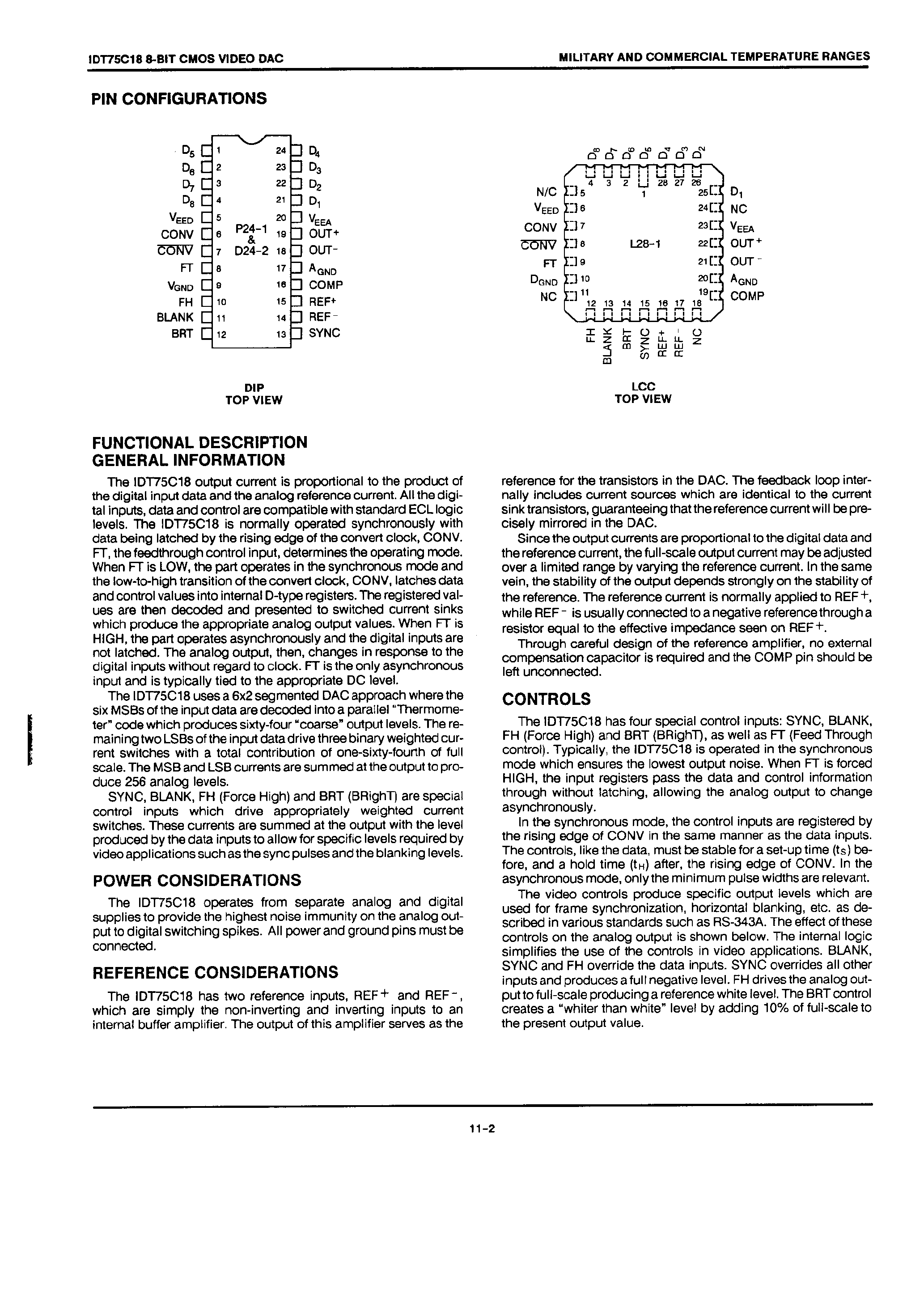 Datasheet IDT75C18 - 8-Bit CMOS Video DAC page 2