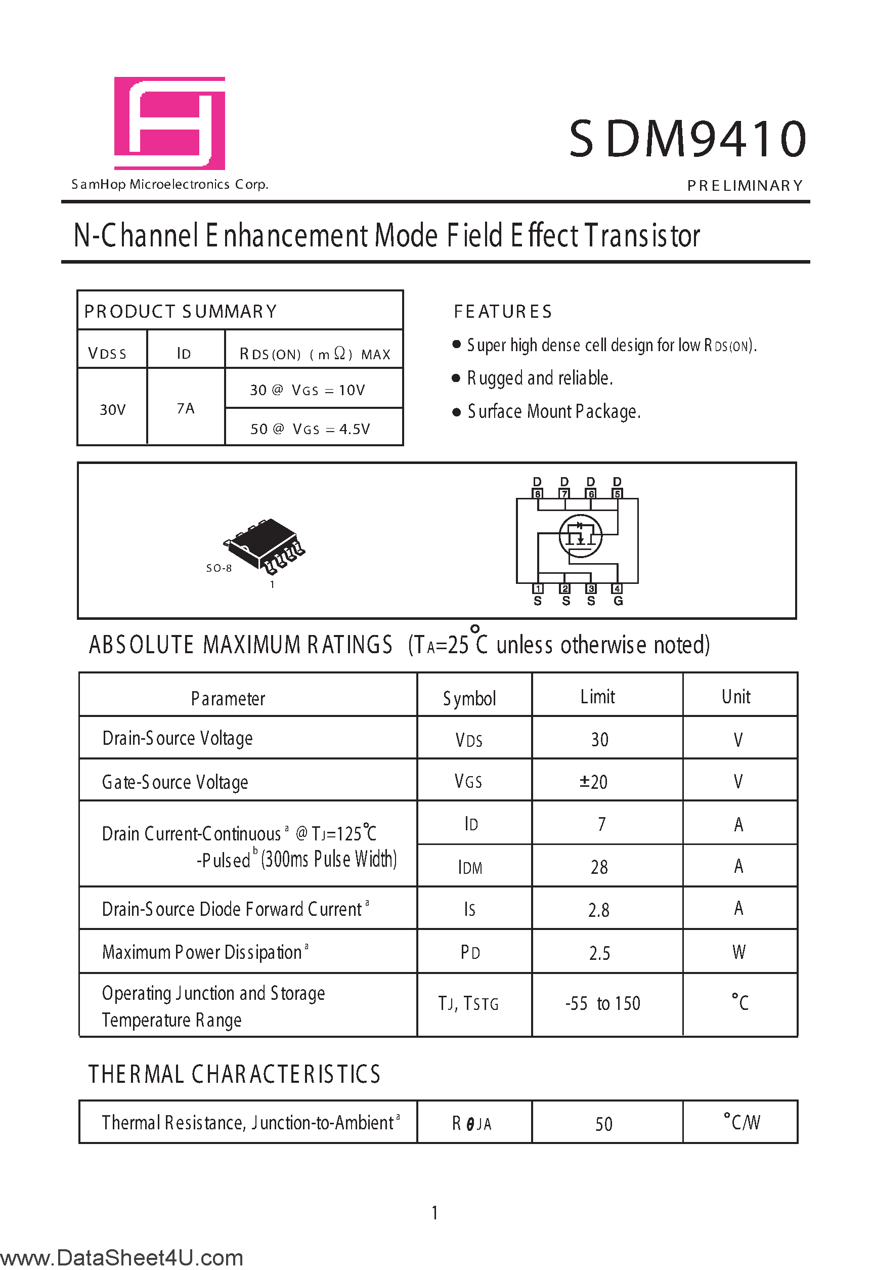 Datasheet SDM9410 - N-Channel Enhancement Mode MOSFET page 1