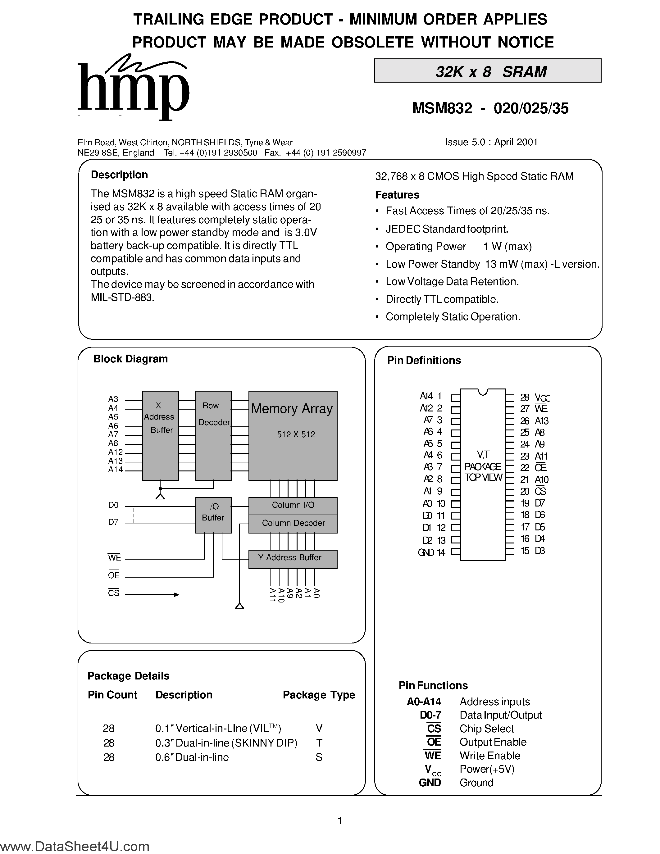 Datasheet MSM832 - 32K x 8 SRAM page 1