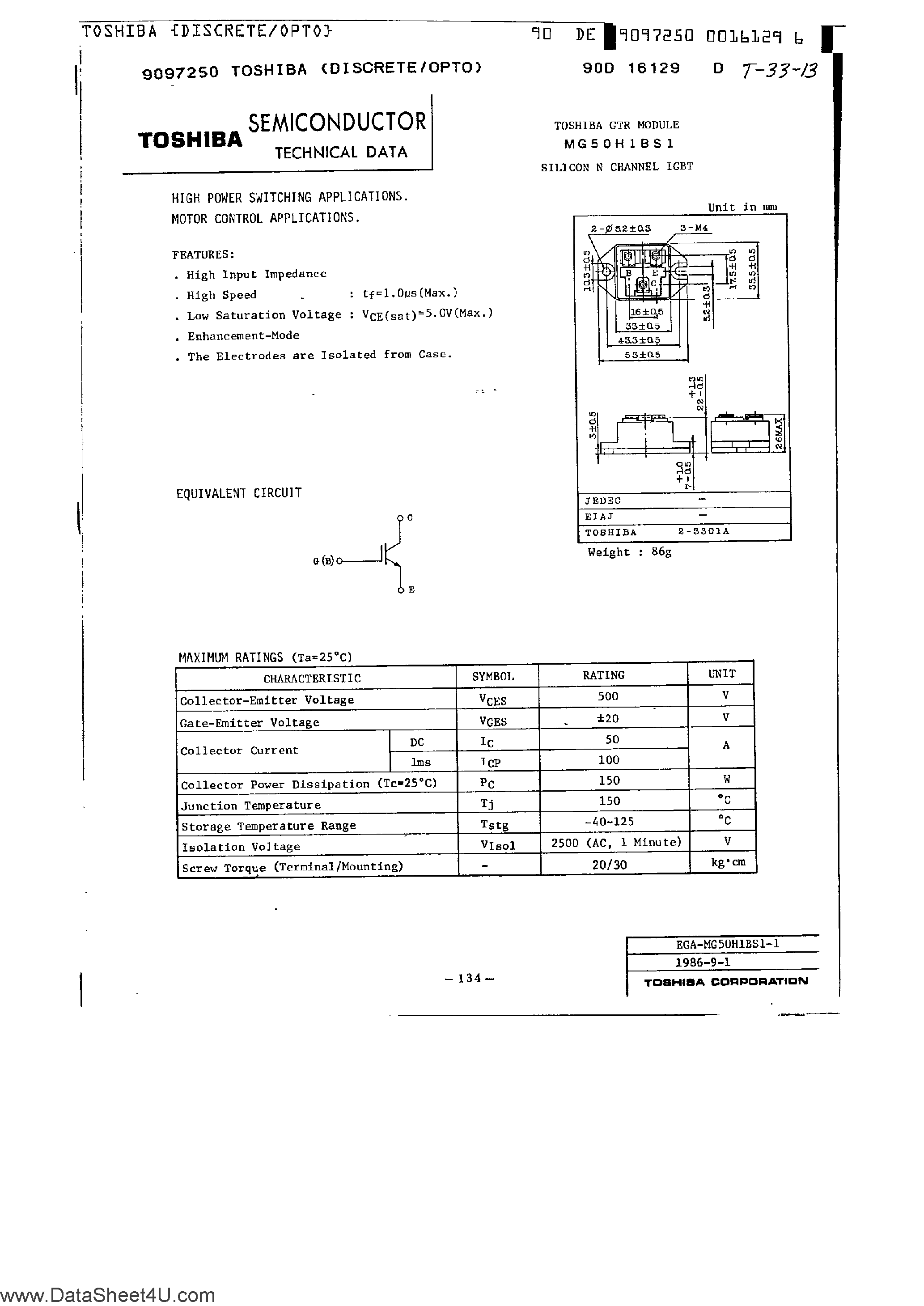 Datasheet MG50H1BS1 - High Power Switching Application / Silicon N-Channel IGBT page 1