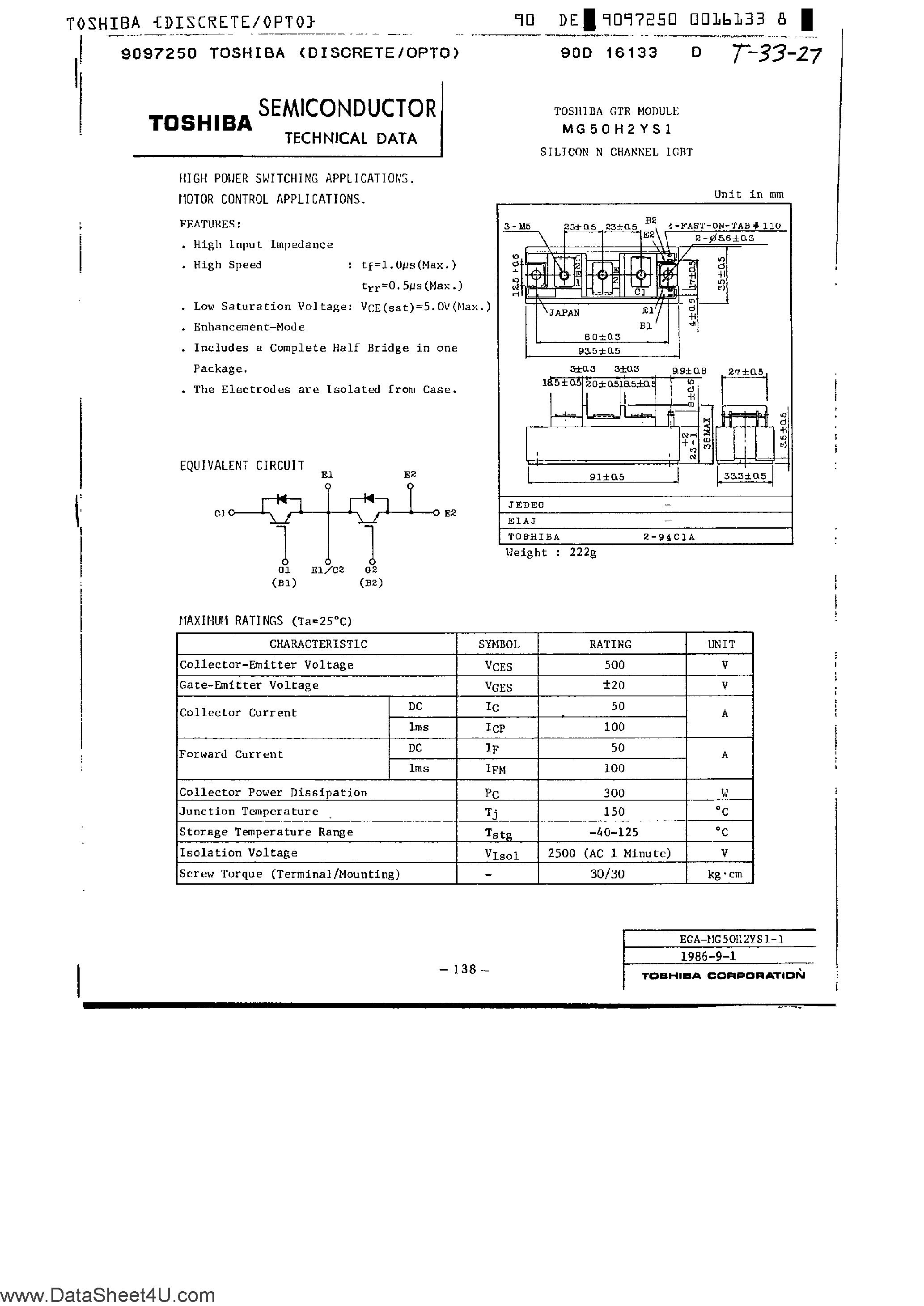 Datasheet MG50H2YS1 - High Power Switching Application / Silicon N-Channel IGBT page 1