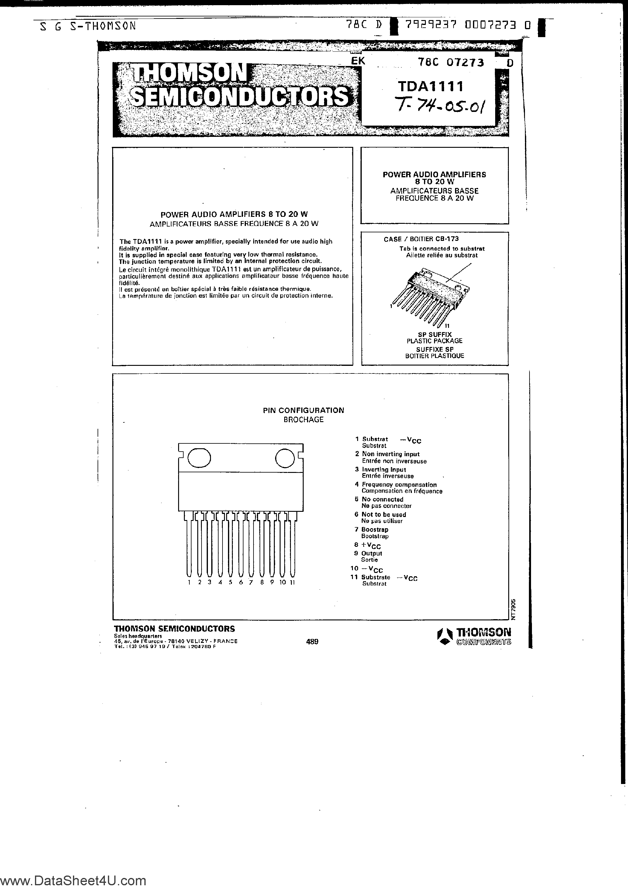 Datasheet TDA1111 page 1 Datasheet TDA1111 - Power Audio Amplifiers page 1