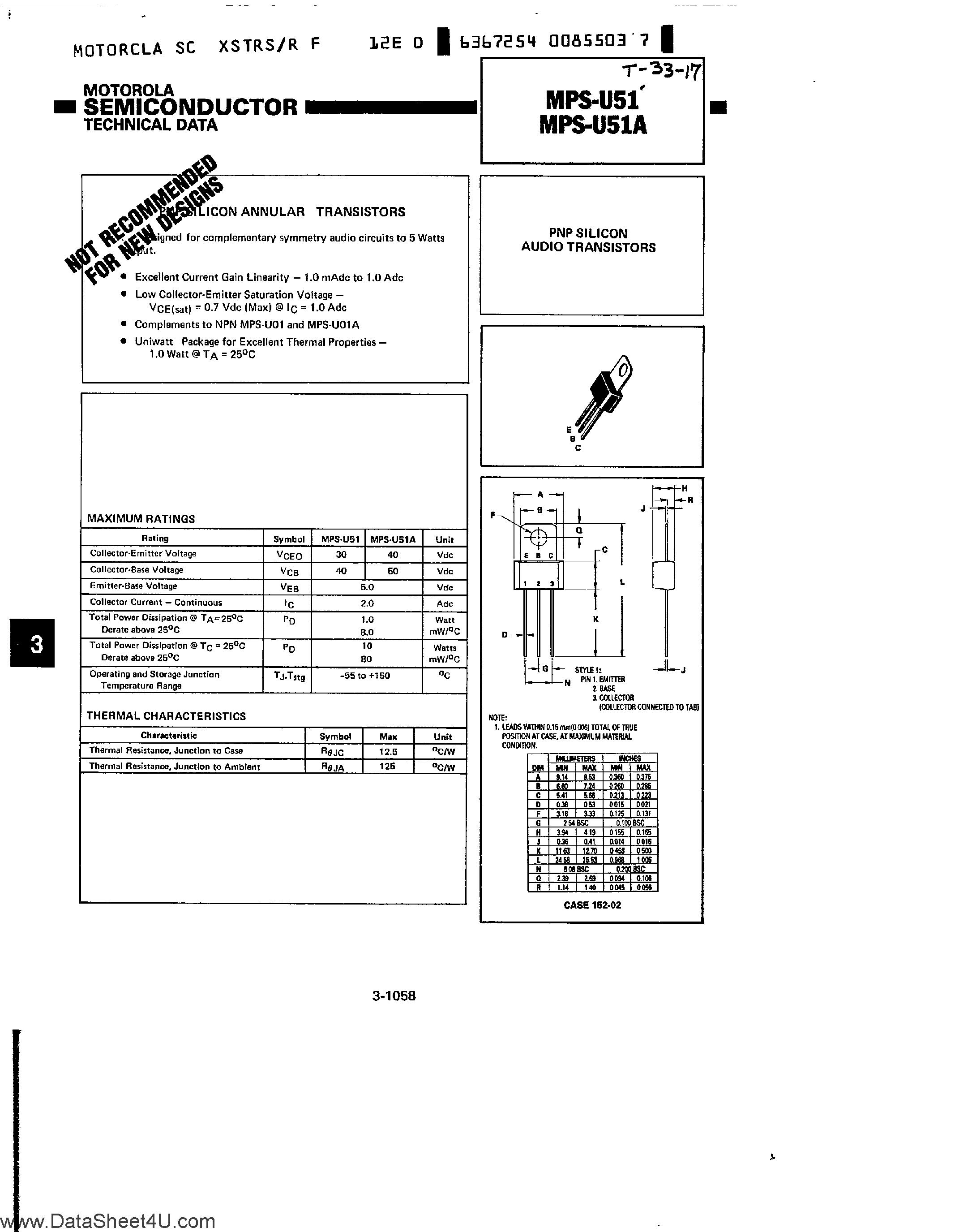 Datasheet MPS-U51 page 1 Datasheet MPS-U51 - PNP Silicon Audio Transistors page 1