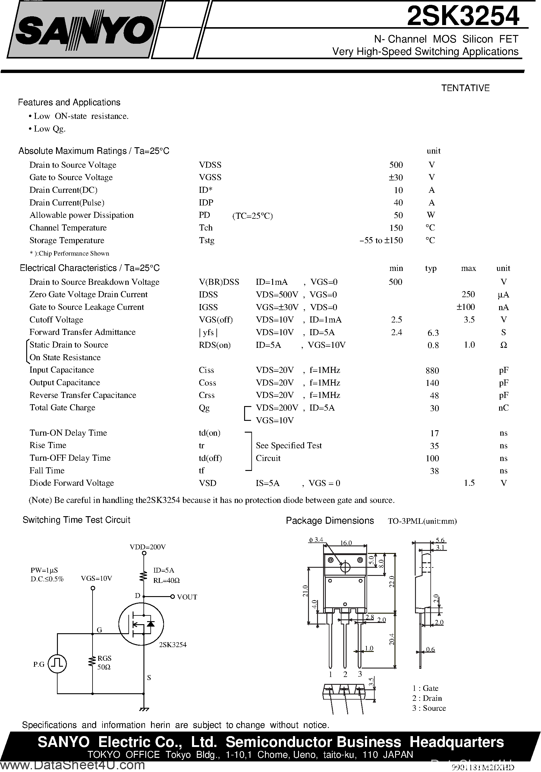 Datasheet 2SK3254 page 1 Datasheet 2SK3254 - N-Channel MOS Silicon FET page 1