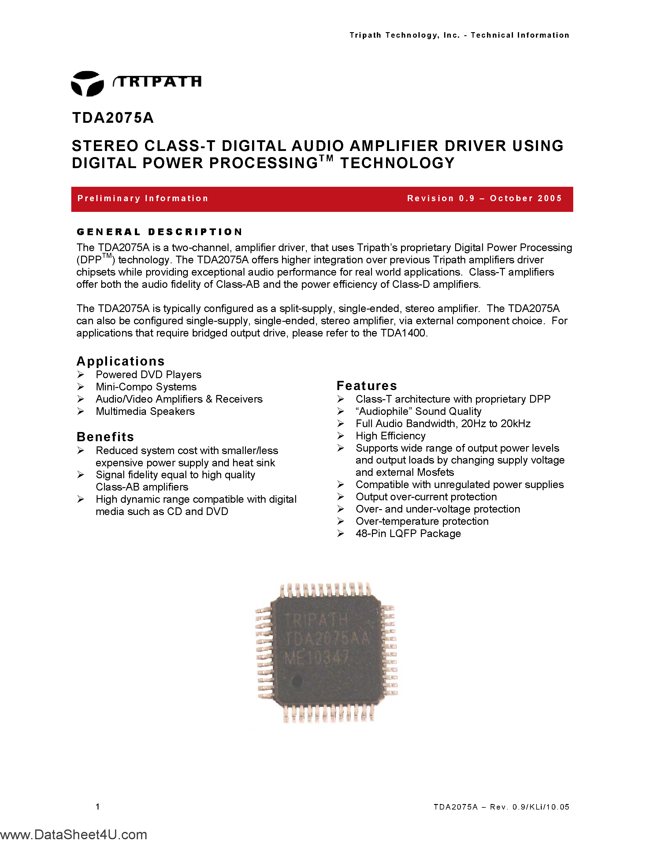Datasheet TDA2075T - Stereo Class-T Digital Audio Amplifier Driver page 1