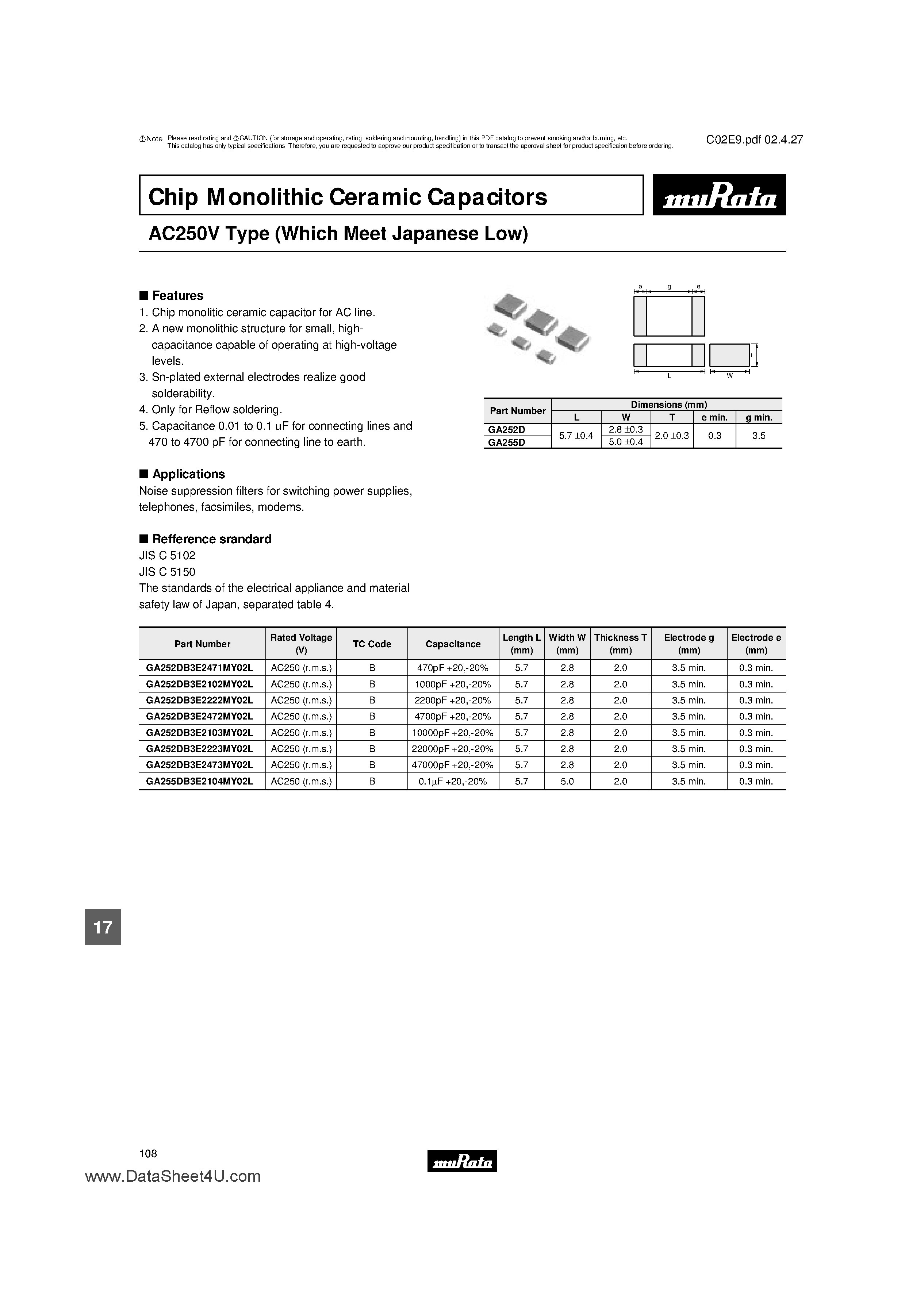 Datasheet GA255DB3E2104MY02L page 1 Datasheet GA255DB3E2104MY02L - (GA255D) Chip Monolithic Caramic Capacitors page 1