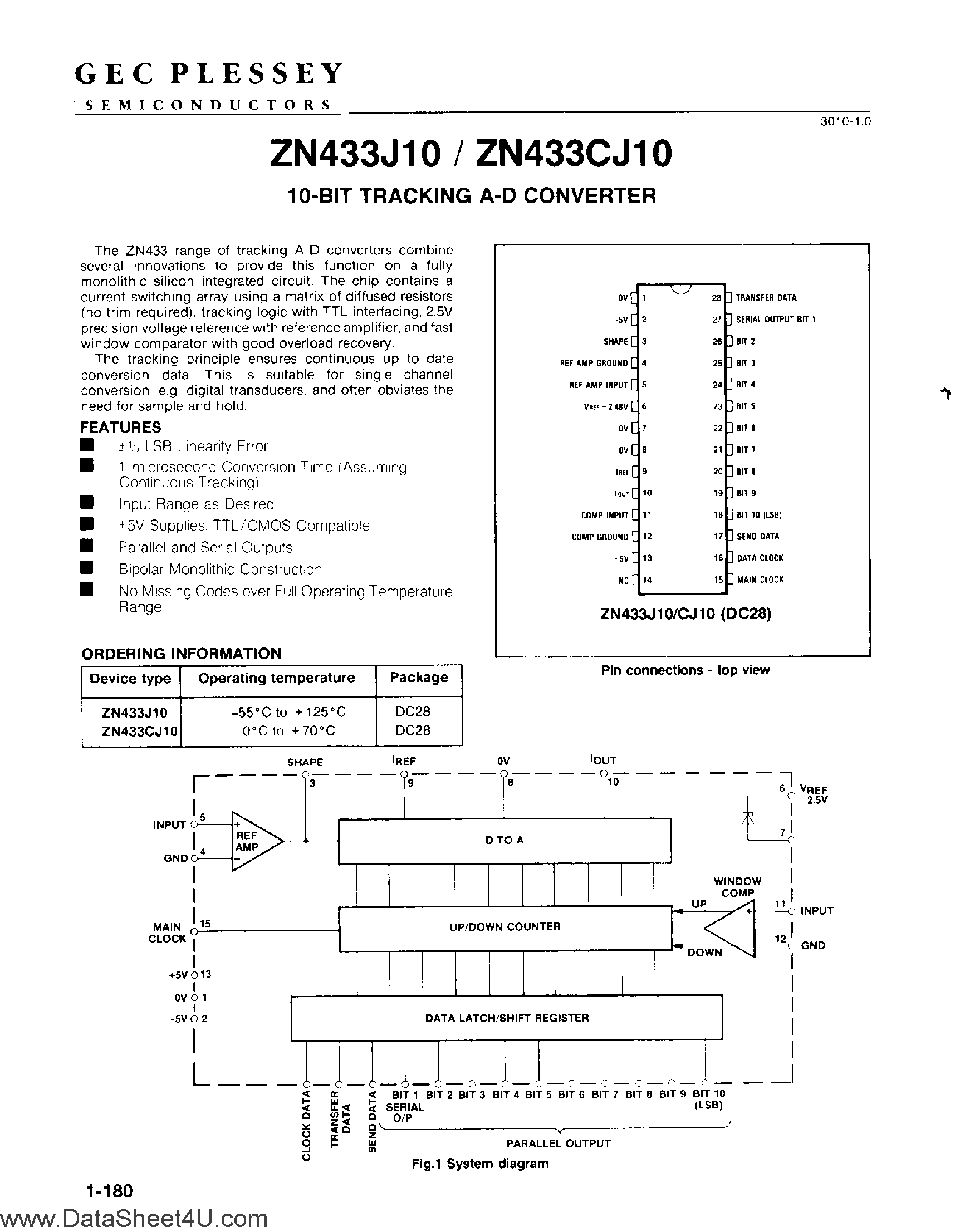 Datasheet ZN433CJ10 page 1 Datasheet ZN433CJ10 - 10-Bit Tracking A/D Converter page 1