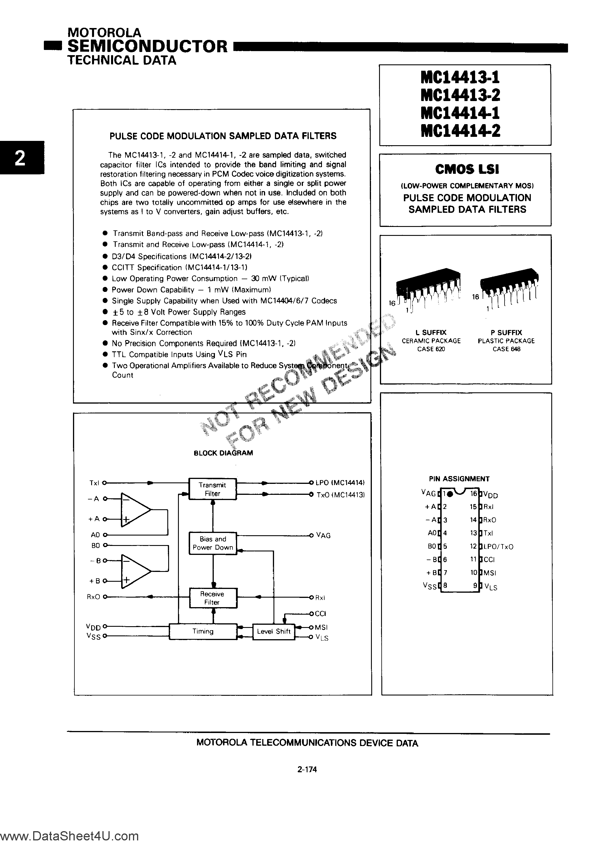 Datasheet MC14413 - (MC14413 / MC14414) Pulse Code Modulation Sampled Data Filters page 1