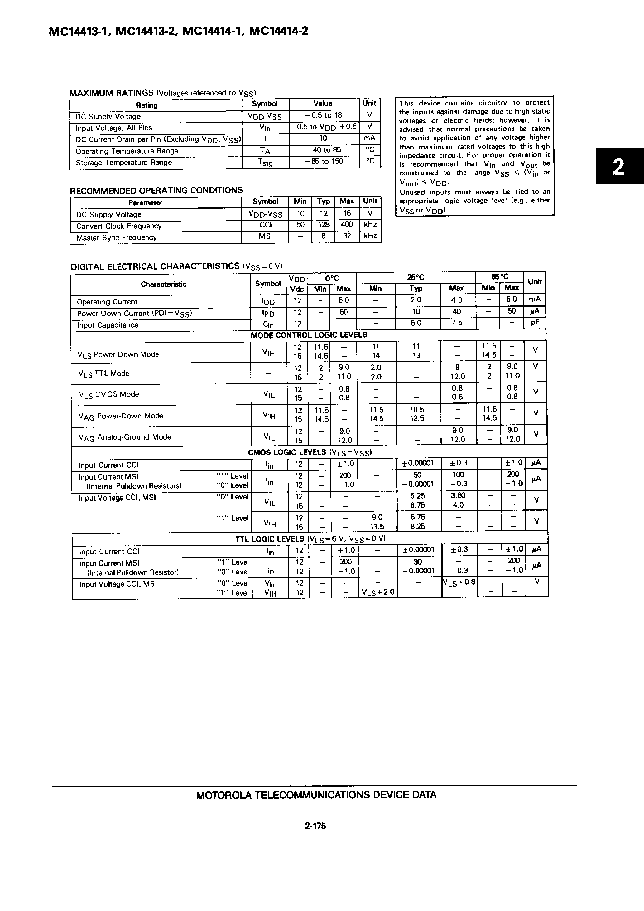 Даташит MC14413 - (MC14413 / MC14414) Pulse Code Modulation Sampled Data Filters страница 2
