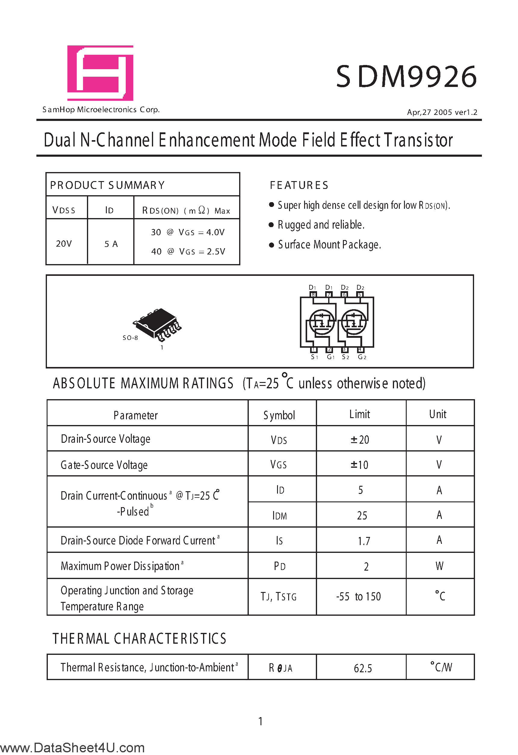 Datasheet SDM9926 page 1 Datasheet SDM9926 - Dual N-Channel Enhancement Mode Field Effect Transistor page 1