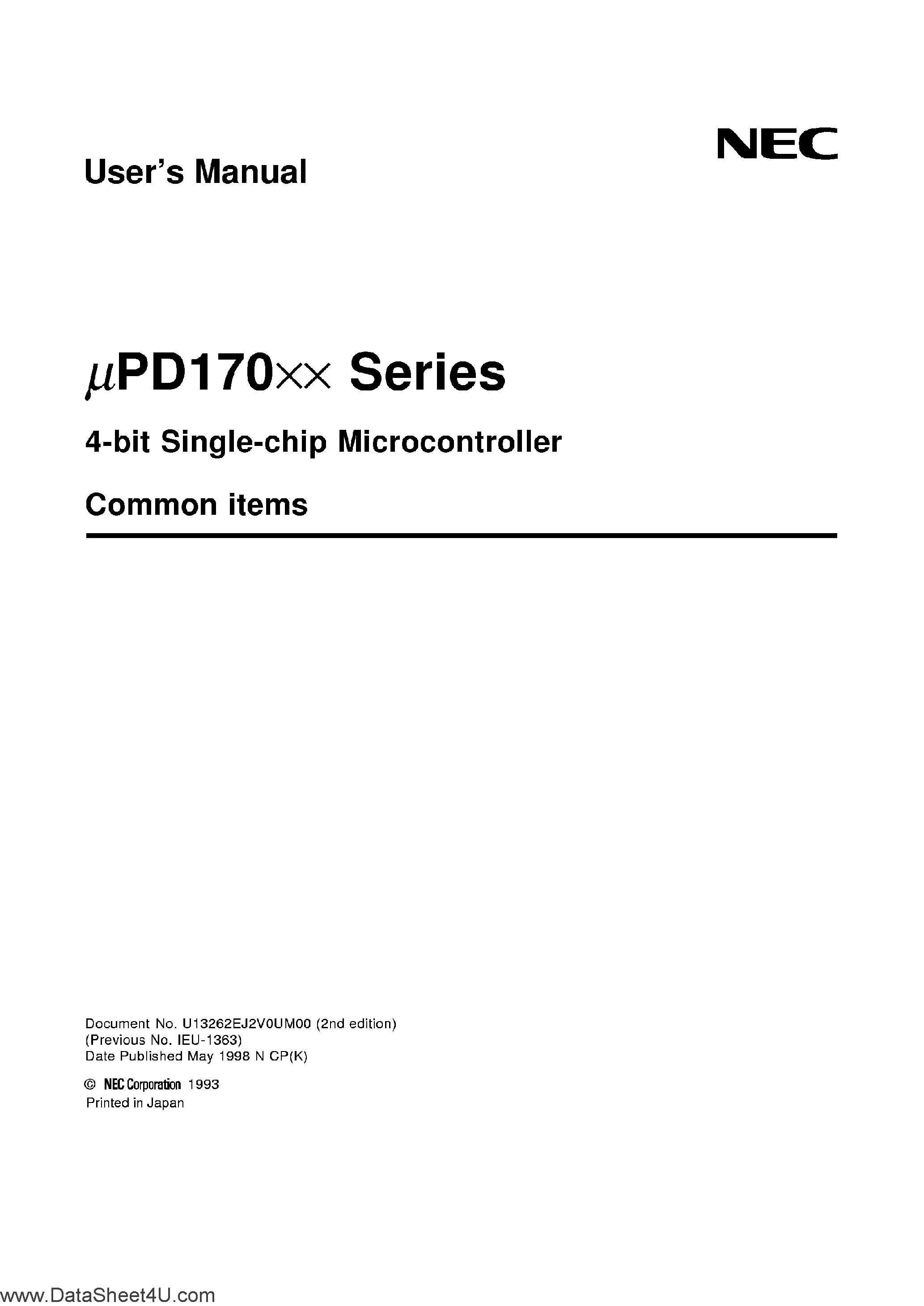 Datasheet UPD170xx - (UPD170xx) 4-Bit Single-Chip Microcontroller page 1