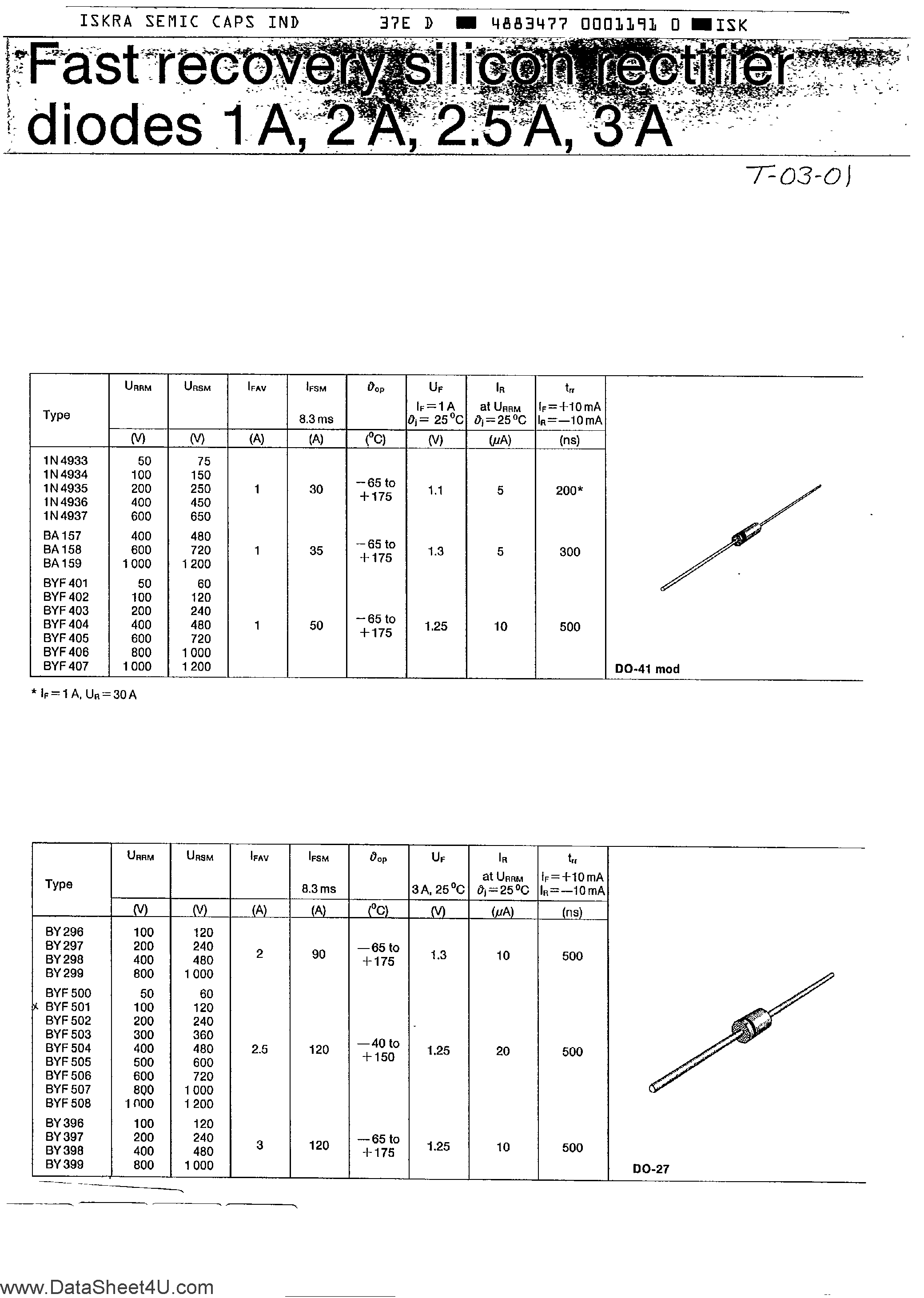 Datasheet BYF407 page 1 Datasheet BYF407 - (BYFxxx) Fast Recovery Silicon Rectifier Diodes page 1