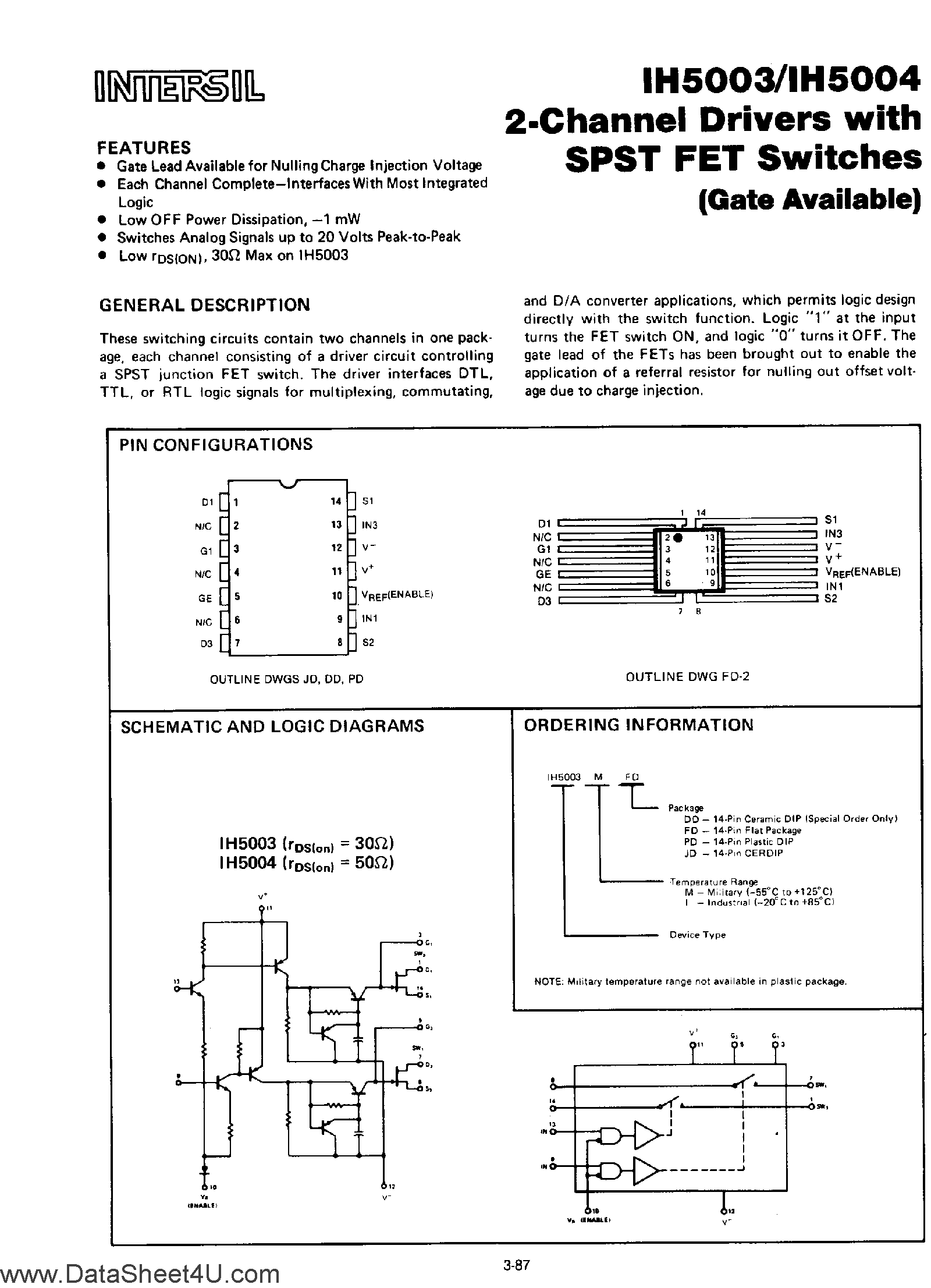 Datasheet IH5003 page 1 Datasheet IH5003 - (IH5003 / IH5004) 2-Channel Drivers page 1