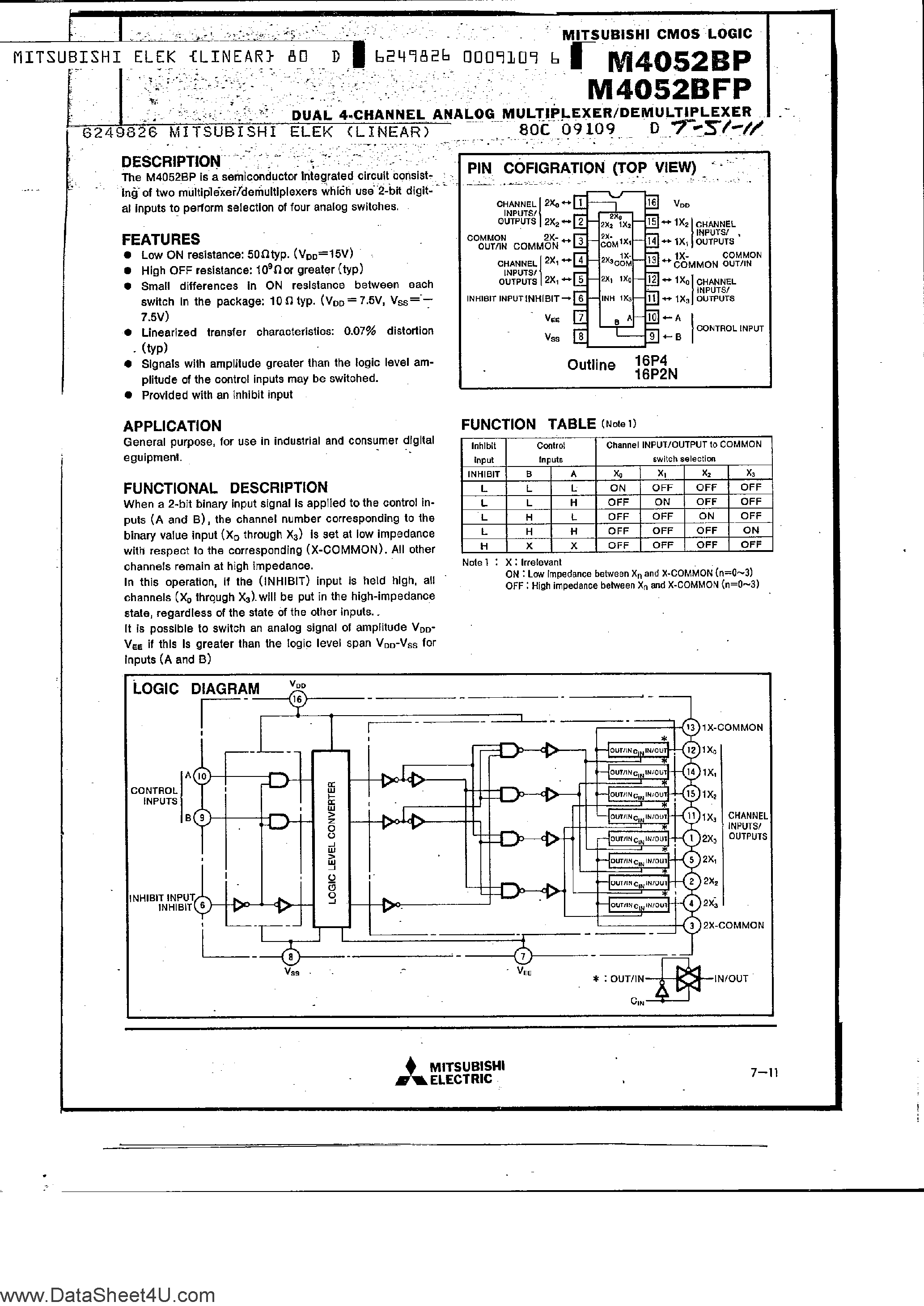 Datasheet M4052BFP - Dual 4-Channel Analog Multiplexer / Demultiplexer page 1