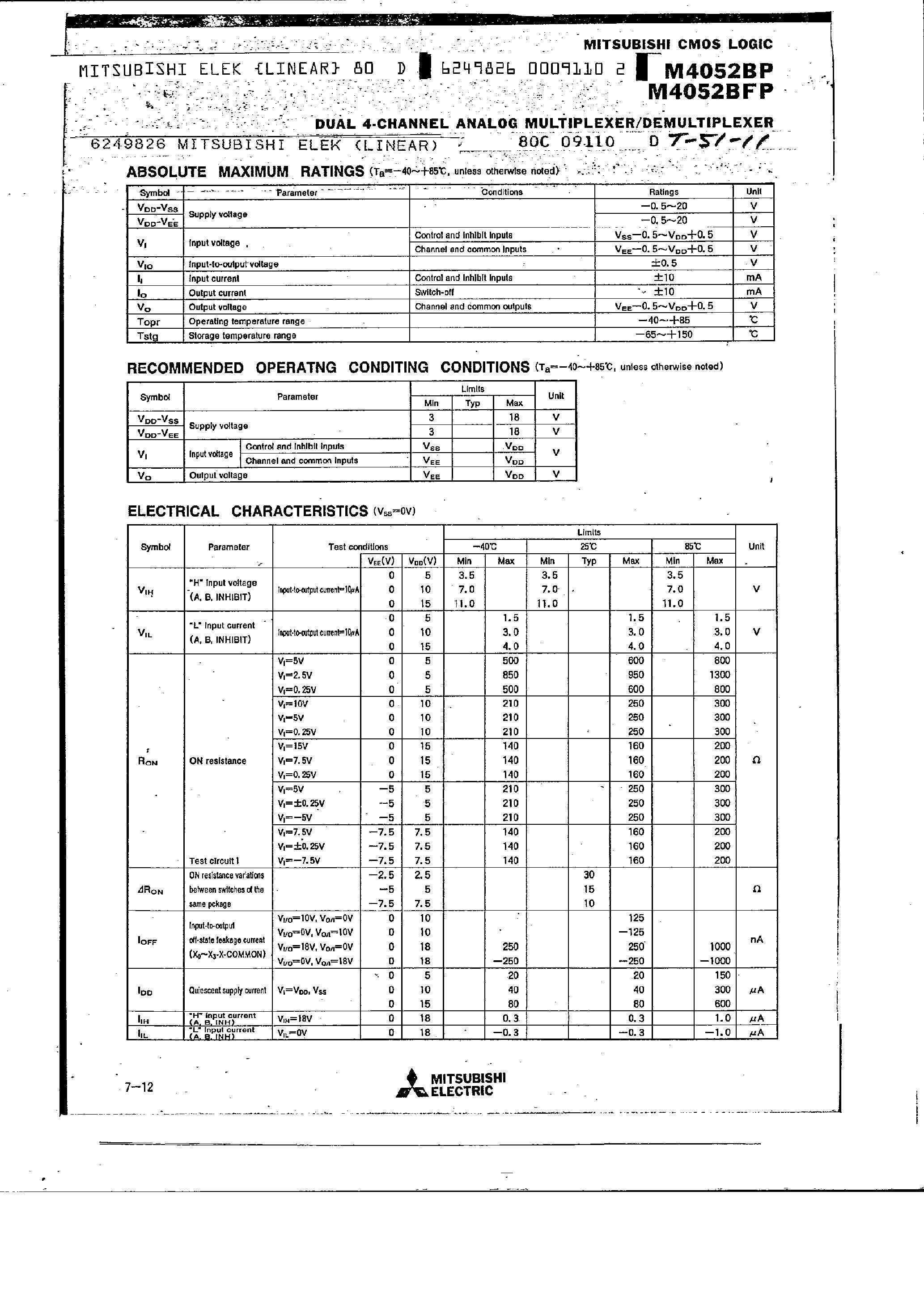 Datasheet M4052BFP - Dual 4-Channel Analog Multiplexer / Demultiplexer page 2