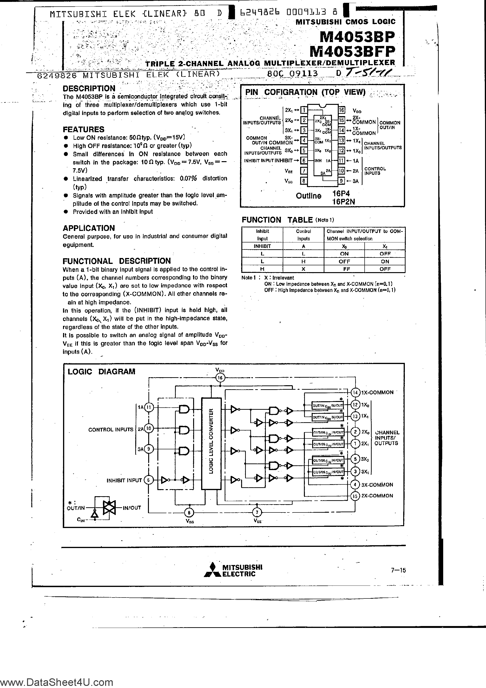 Даташит M4053BFP - Triple 2-Channel Analog Multiplexer / Demultiplexer страница 1
