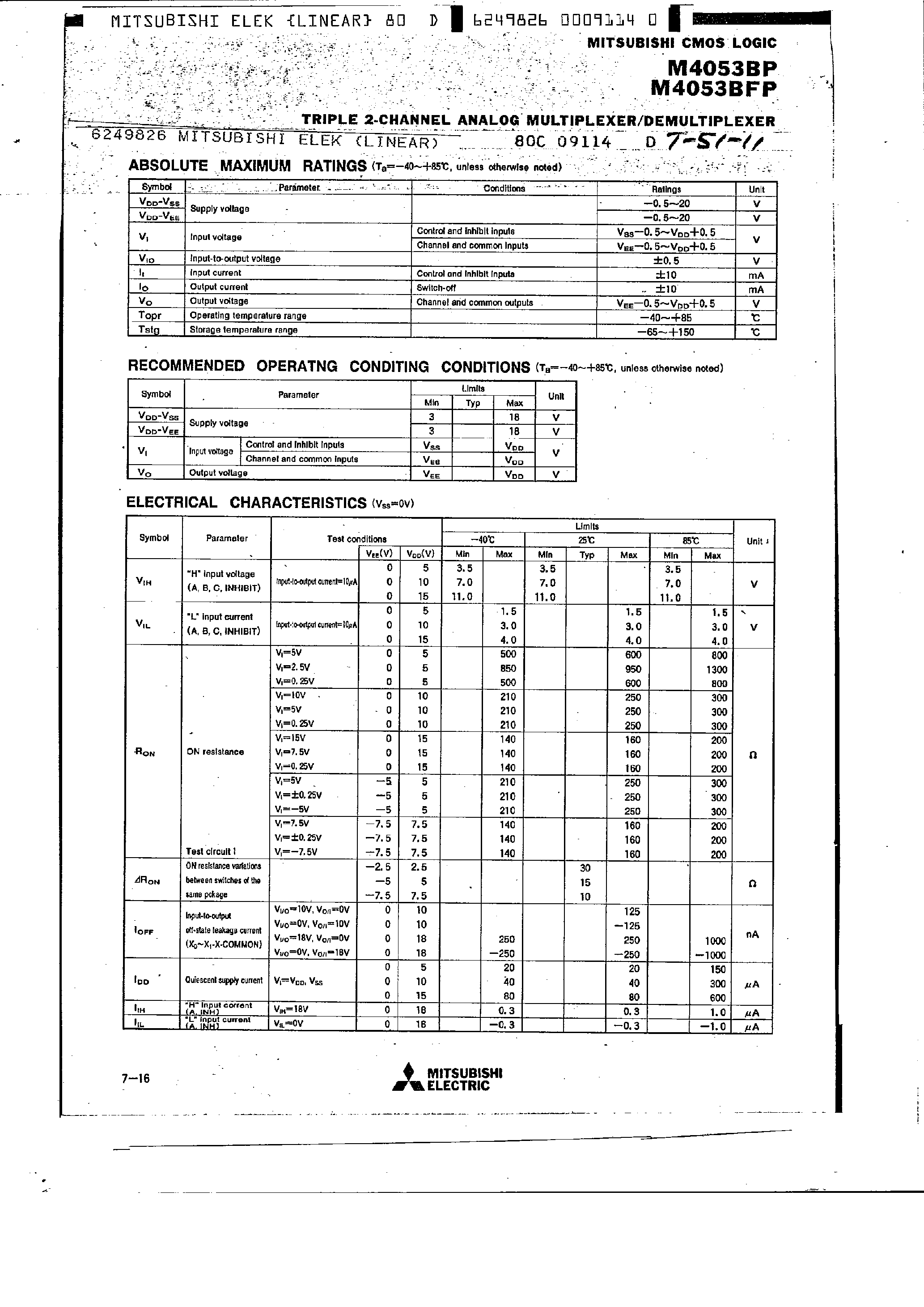 Даташит M4053BFP - Triple 2-Channel Analog Multiplexer / Demultiplexer страница 2