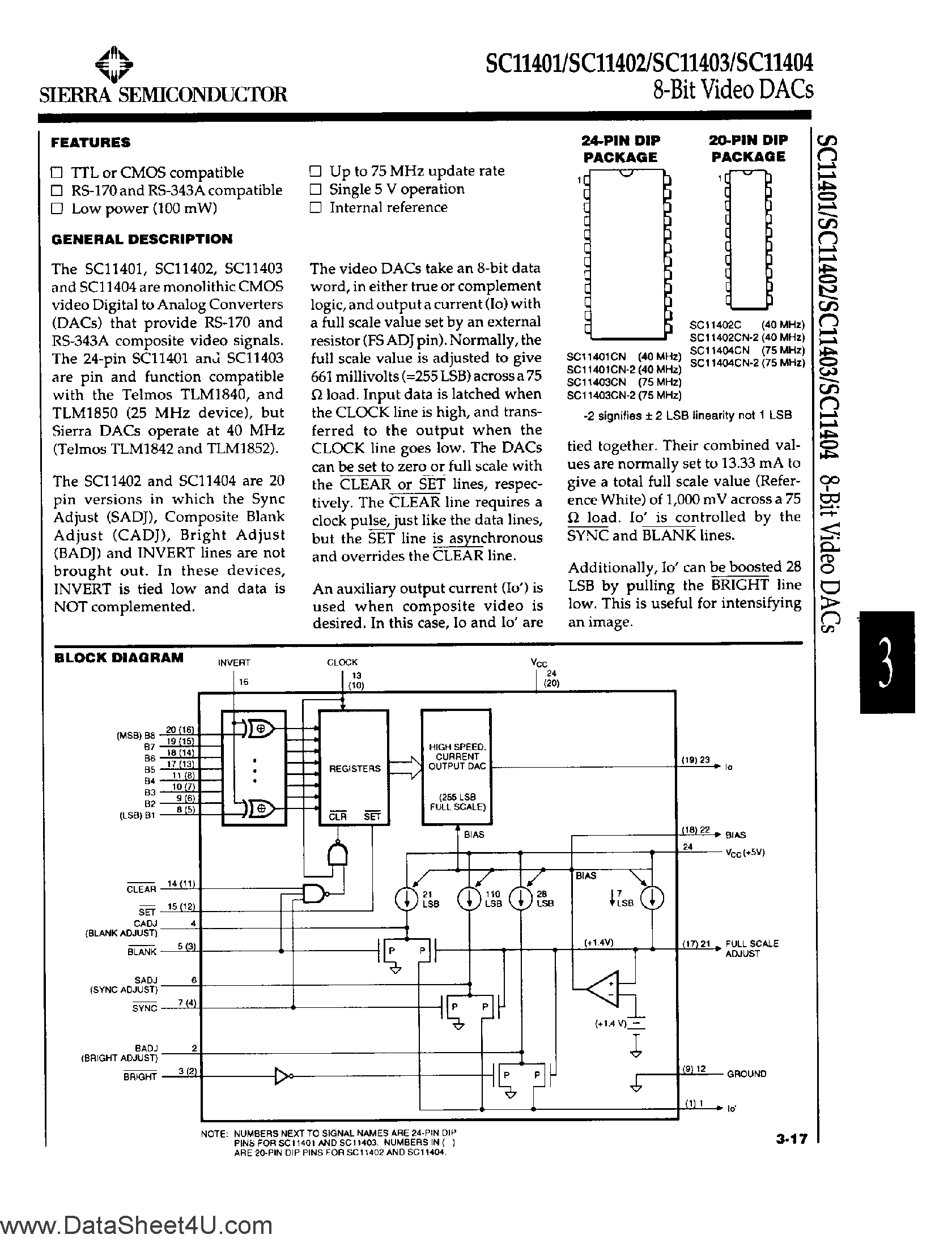 Datasheet SC11401 page 1 Datasheet SC11401 - (SC11401 -SC11404) 8-Bit Video DACs page 1