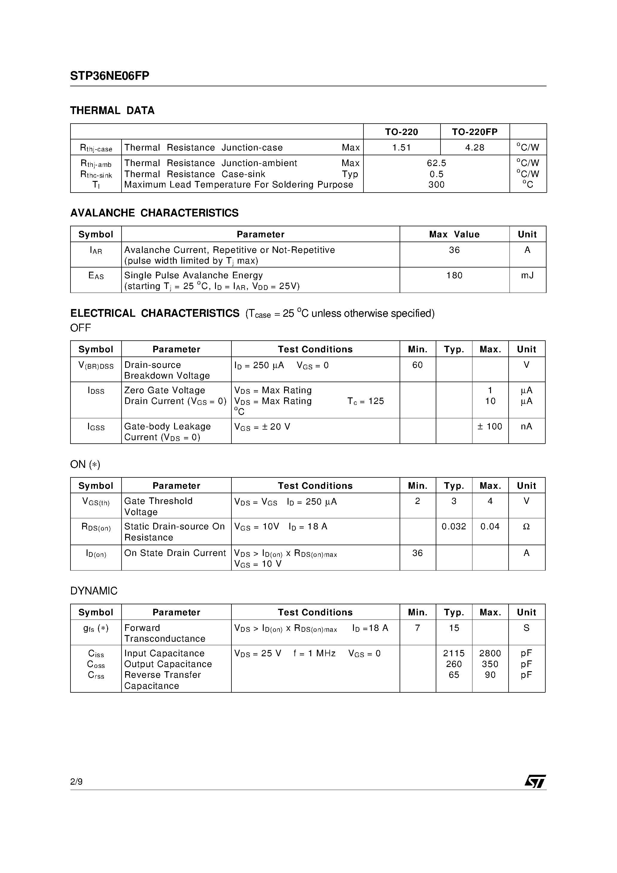 Datasheet STP36NE06 - N-CHANNEL 60V - 0.032ohm - 36A - TO-220/TO-220FP STripFET POWER MOSFET page 2