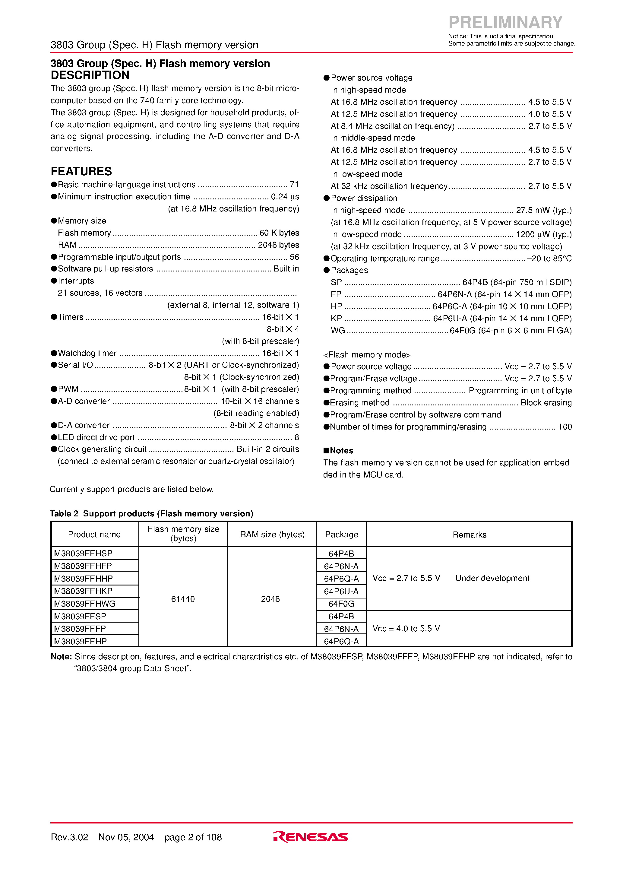 Datasheet M38034 - (M3803x) SINGLE-CHIP 8-BIT CMOS MICROCOMPUTER page 2