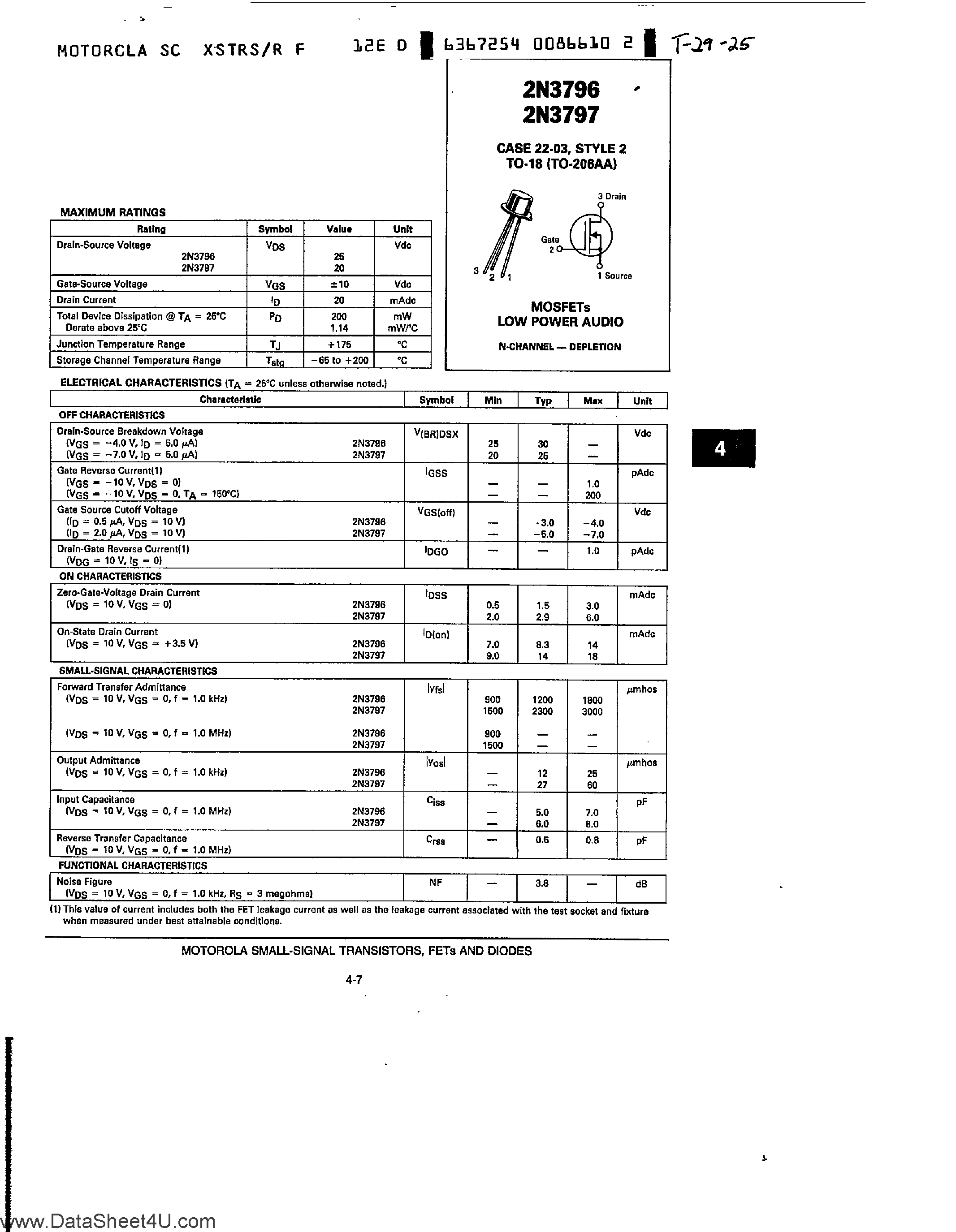 Даташит на микросхему 2N3796 страница 1 Даташит 2N3796 - (2N3796 / 2N3797) MOSFET Low Power Audio страница 1