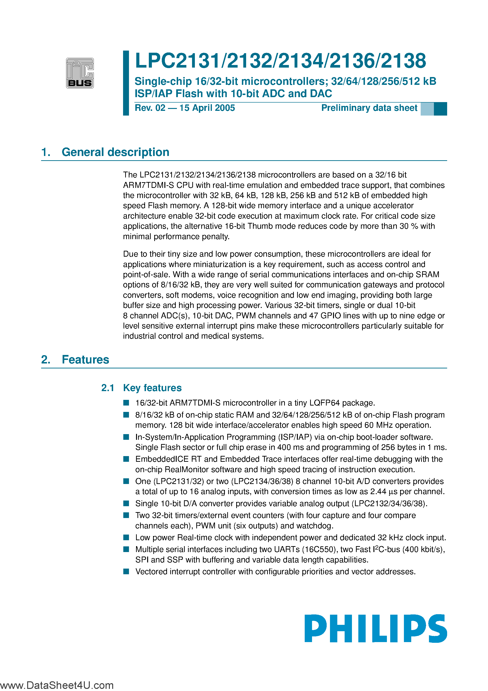 Datasheet LPC2131 - (LPC2131 - LPC2138) Single-chip 16/32-bit microcontrollers 32/64/512 kB ISP/IAP Flash with 10-bit ADC and DAC page 1