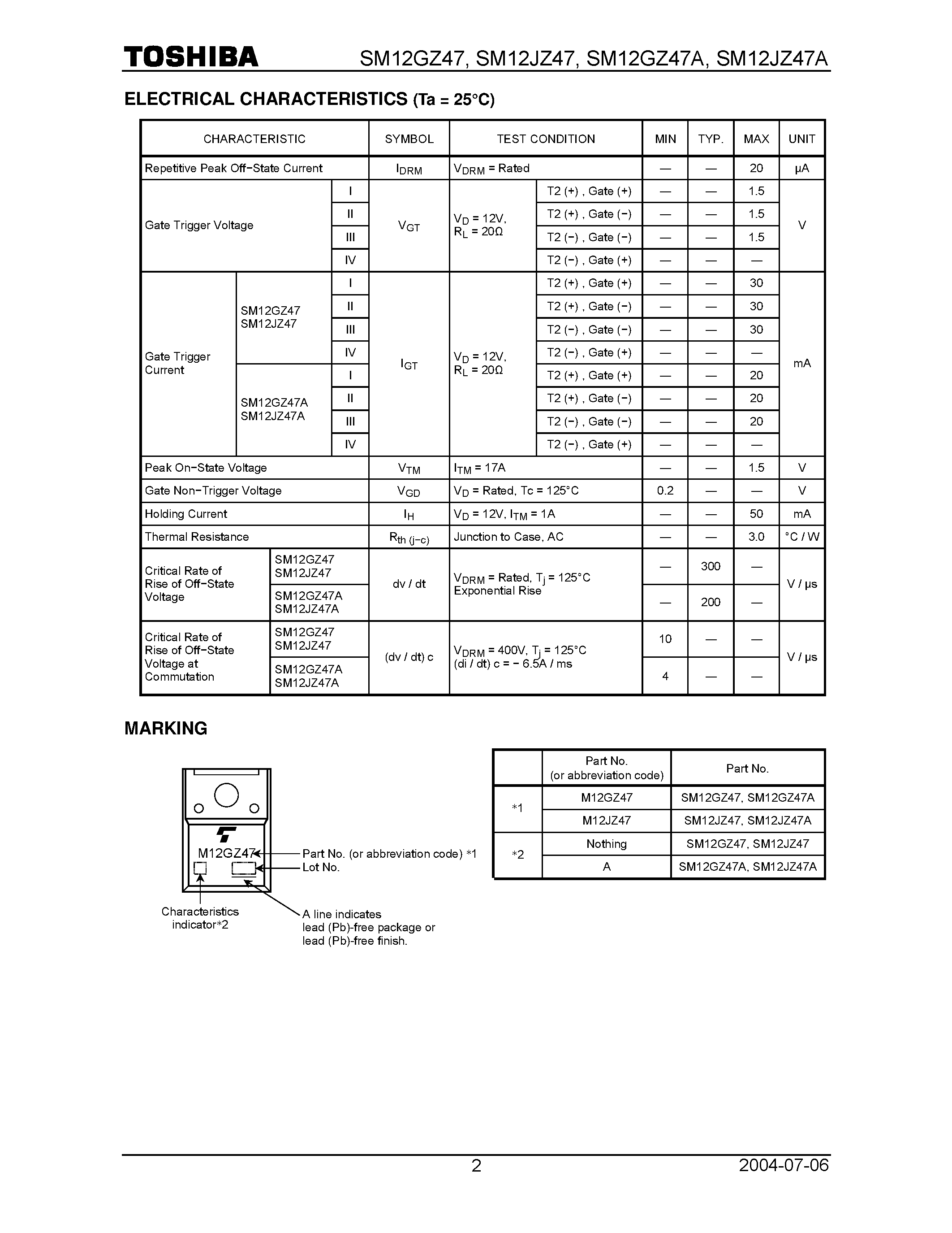 Даташит SM12GZ47 - (SM12xxZ47x) AC POWER CONTROL APPLICATIONS страница 2