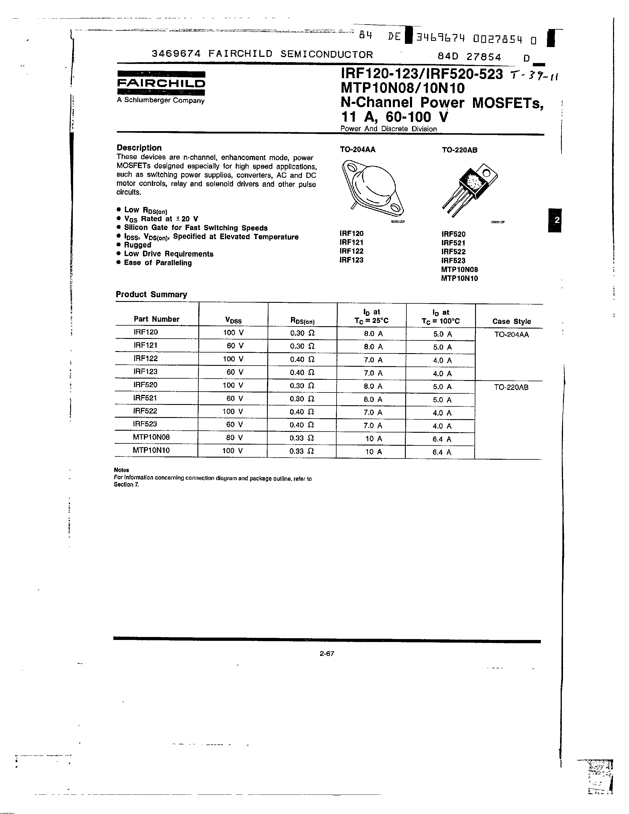 Datasheet MTP10N08 - (MTP10N08 / MTP10N10) N-Channel Power MOSFETs page 1