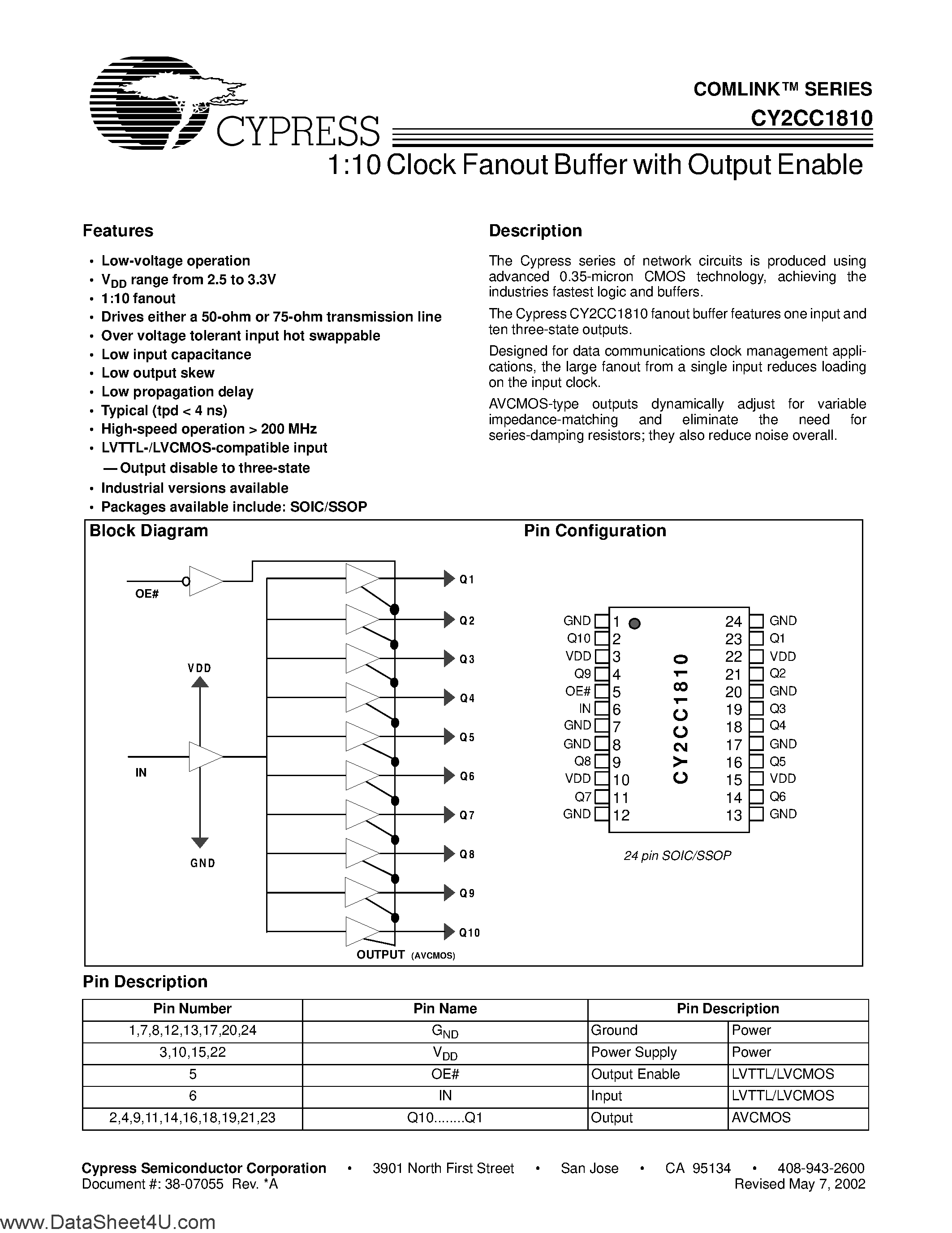 Datasheet CY2CC1810 - 1:10 Clock Fanout Buffer with Output Enable page 1