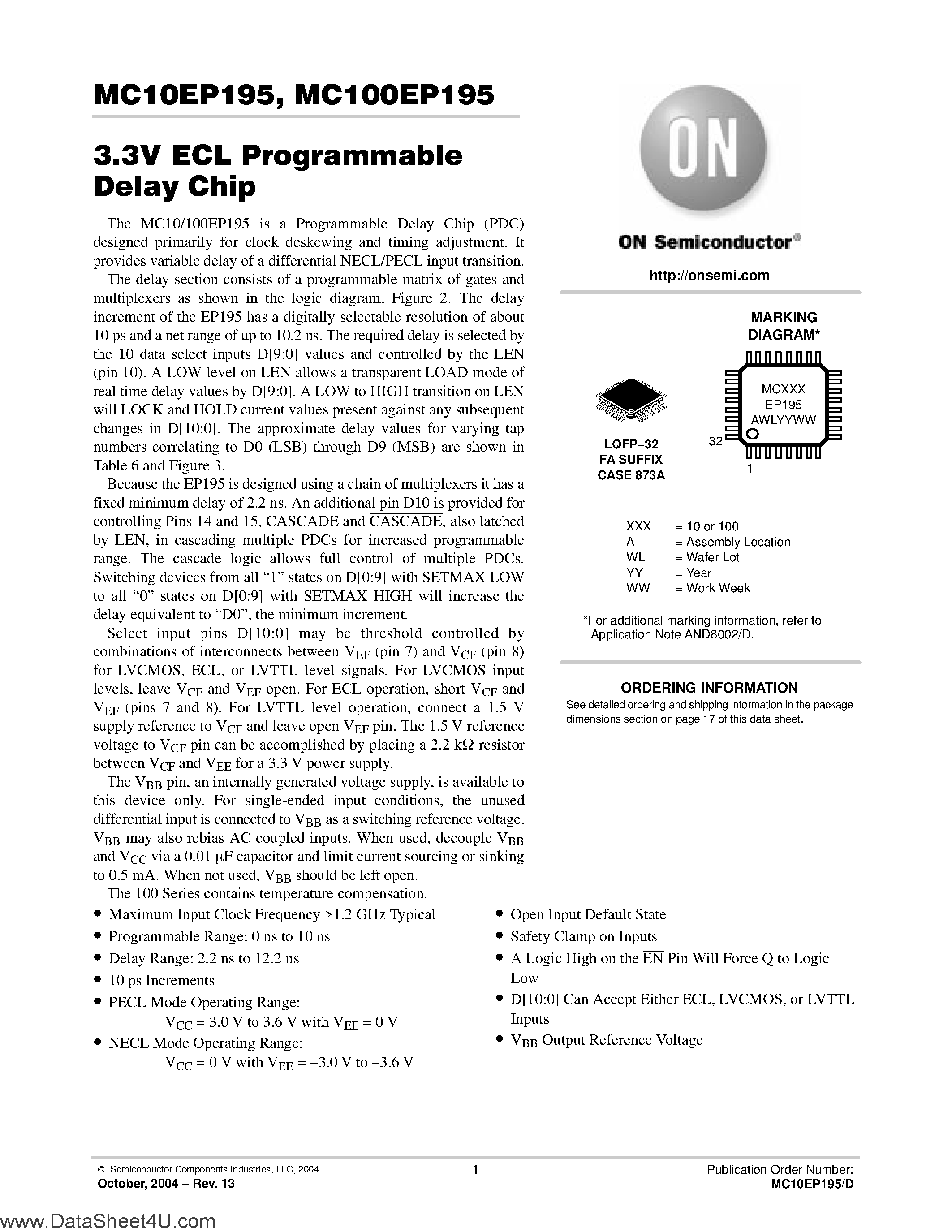 Даташит MC100EP195 - (MC100EP195 / MC10EP195) 3.3V ECL Programmable Delay Chip страница 1