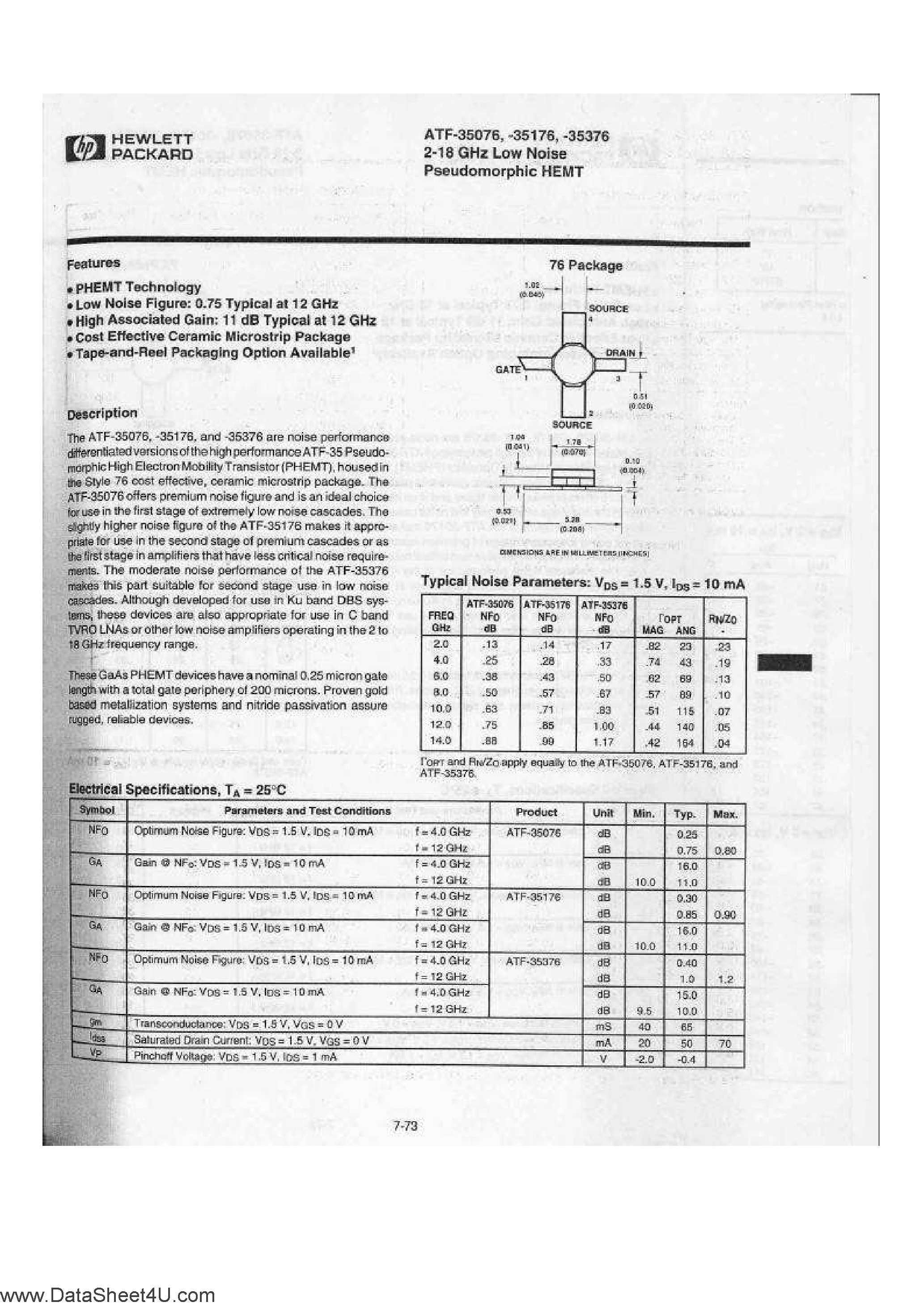 Даташит на микросхему ATF-35176 страница 1 Даташит ATF-35176 - 2-18 GHz Low Noise Pseudomorphic HEMT страница 1