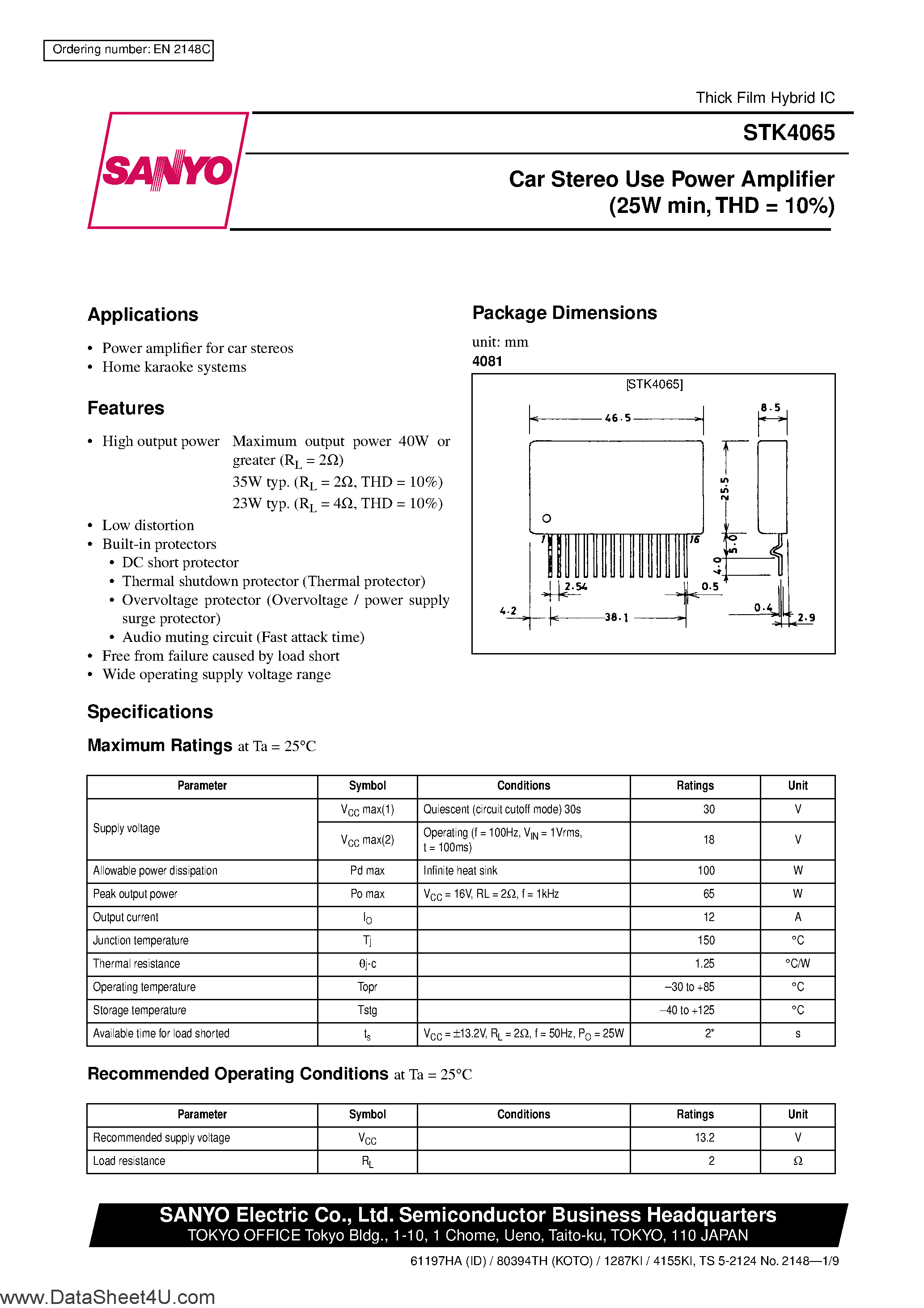 Даташит STK4065 - Car Stereo Use Power Amplifier страница 1