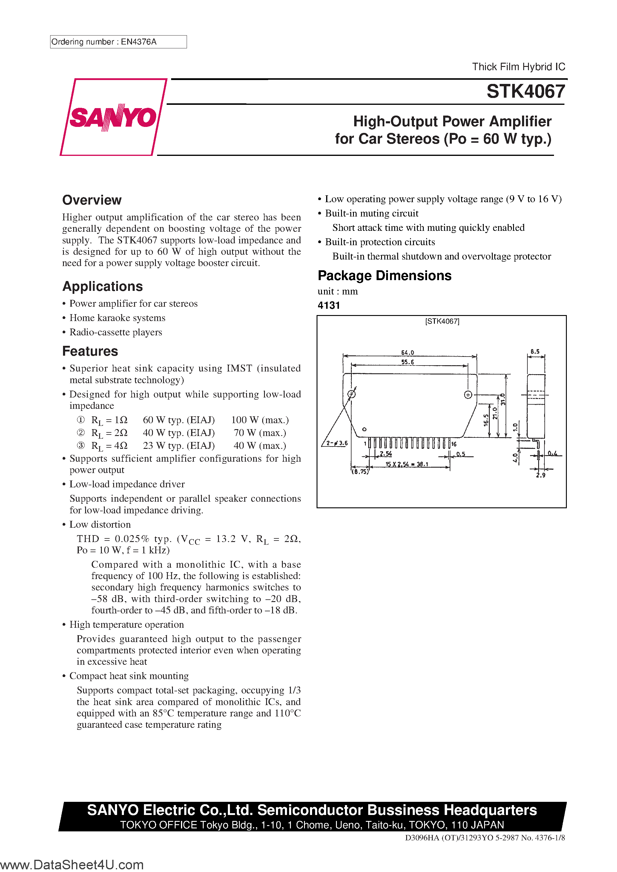 Datasheet STK4067 page 1 Datasheet STK4067 - High-Output Power Amplifier for Car Stereos page 1