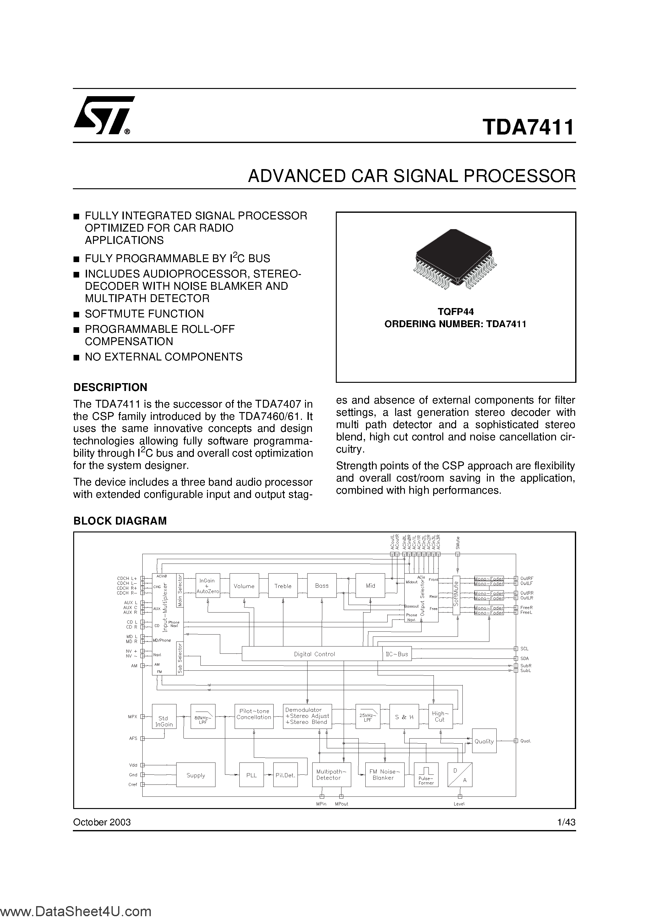 Datasheet TDA7411 page 1 Datasheet TDA7411 - ADVANCED CAR SIGNAL PROCESSOR page 1