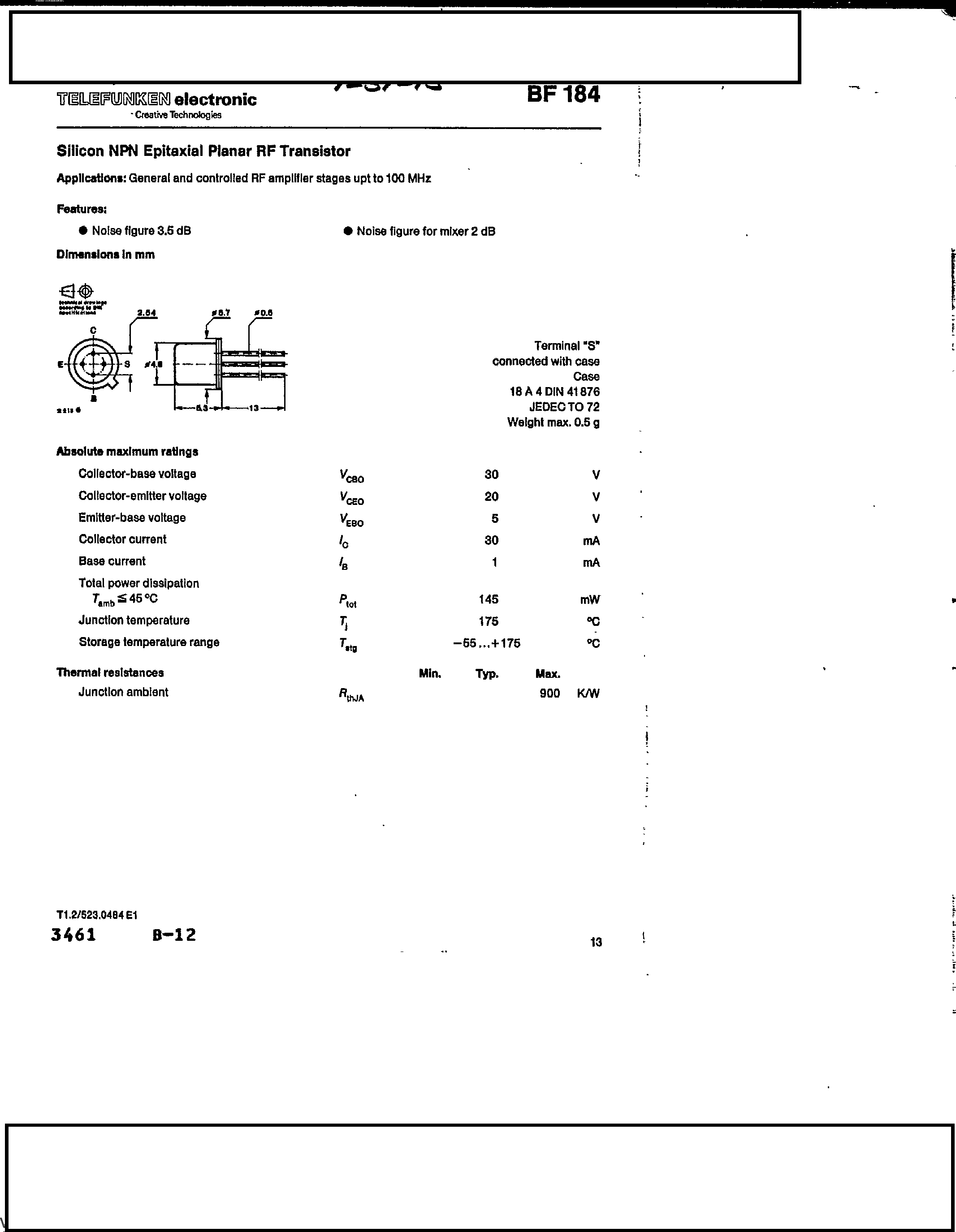 Datasheet BF184 - Silicon NPN Epitaxial Planar RF Transistor page 1