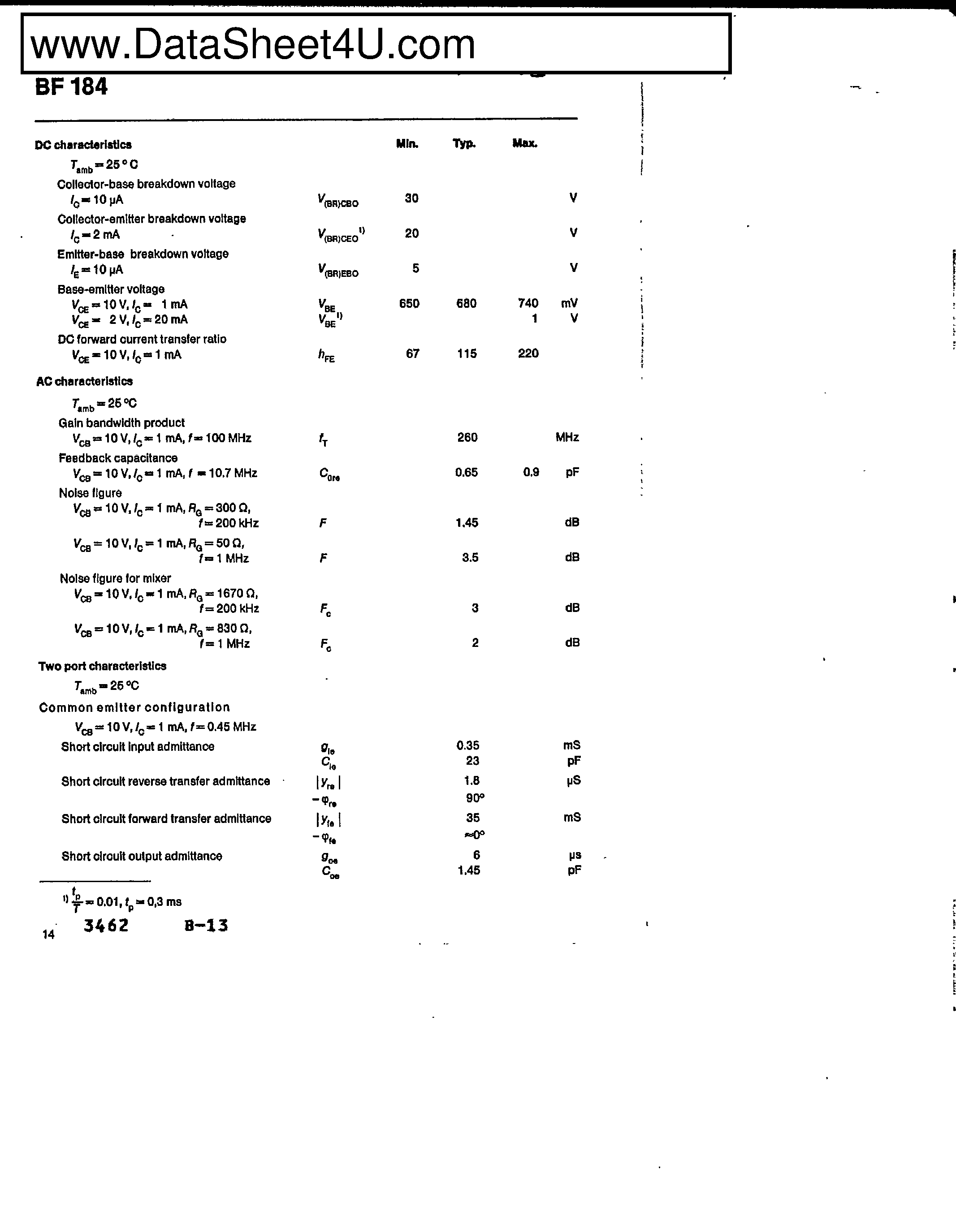 Datasheet BF184 page 2 Datasheet BF184 - Silicon NPN Epitaxial Planar RF Transistor page 2
