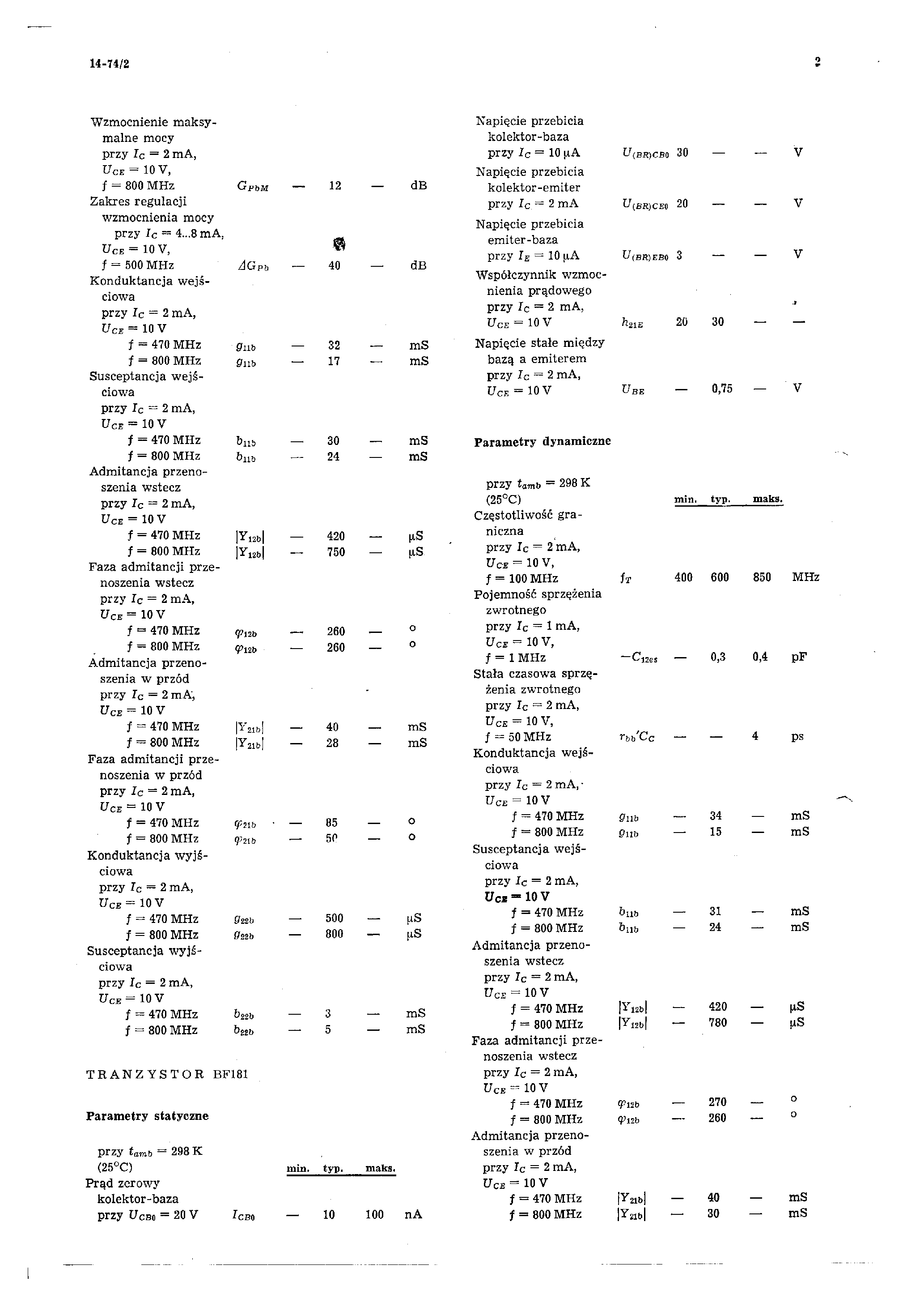 Datasheet BF180 - (BF180 / BF181) NPN TRANZYSTORY page 2