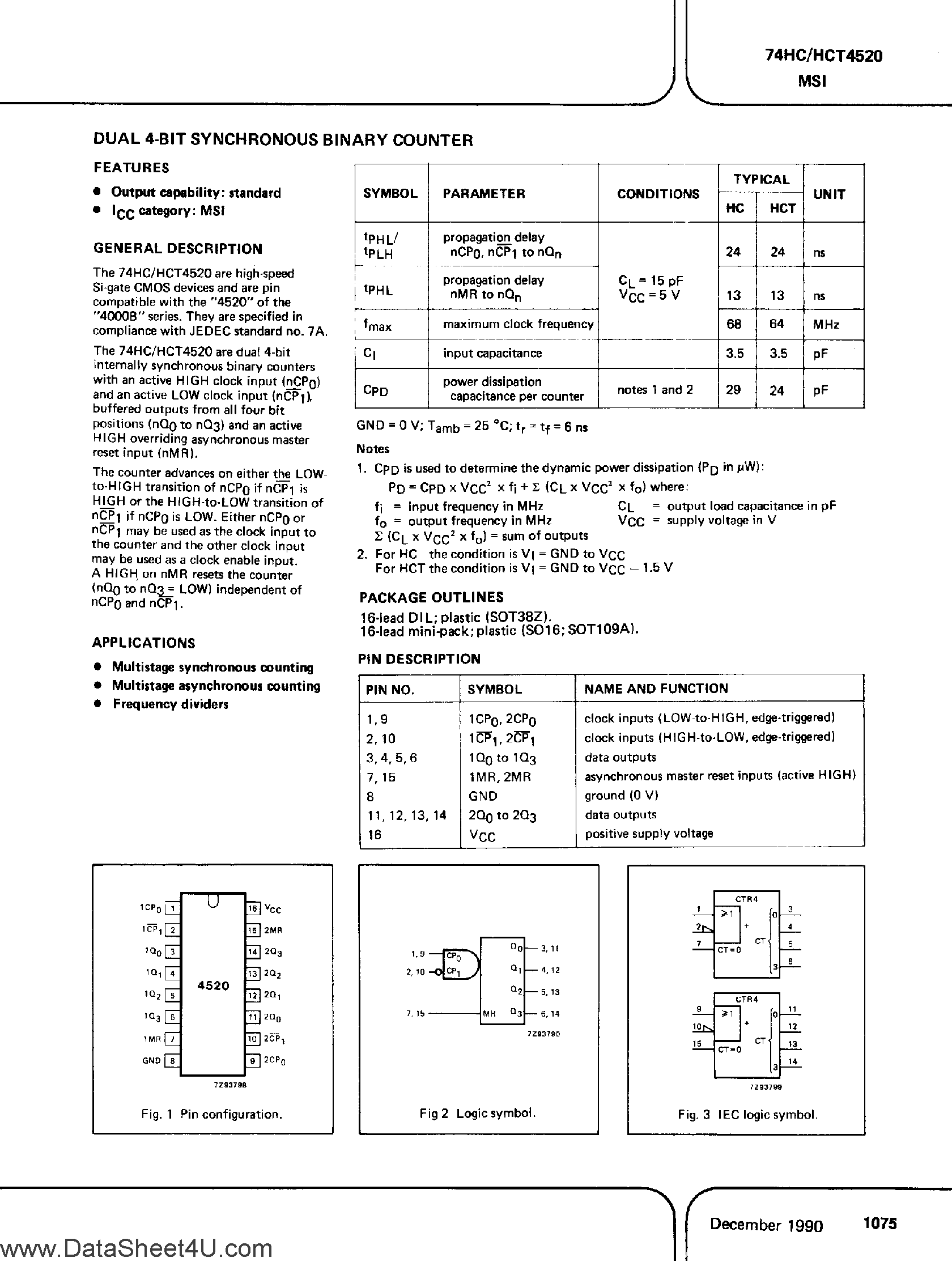 Datasheet PC74HC4520 - (It is accurate) Dual 4-Bit Synchronous Binary Counter page 1